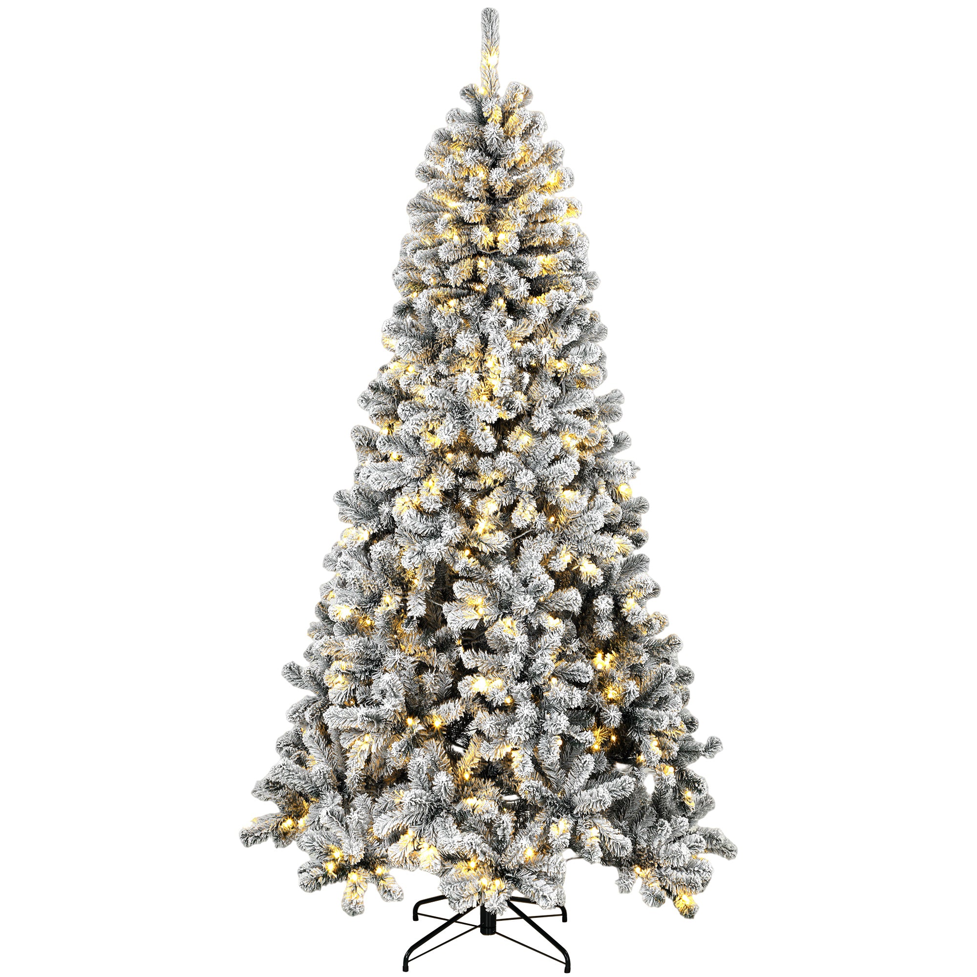 7.5ft Flocked Prelit Christmas Tree, Northern Pine, Artificial Xmas Tree with 1201 Curved Tips, 350 LEDs, Foldable Steel Base, Green White