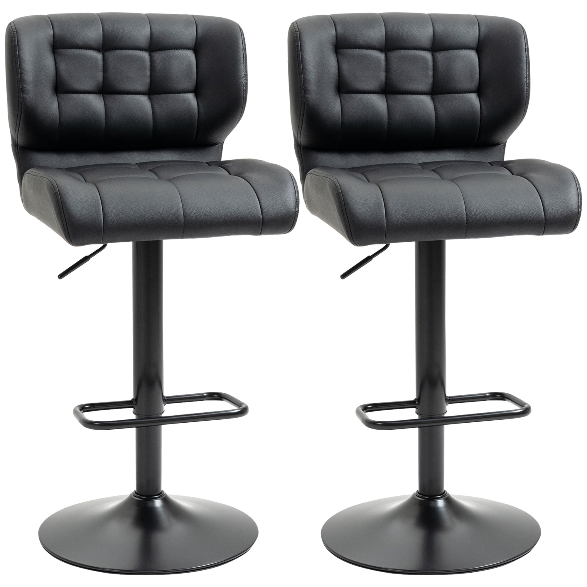 HOMCOM Adjustable Bar Stools Set of 2, Swivel Tufted PU Leather Barstools with Footrest and Back, Bar Chairs for Kitchen Counter and Dining Room, Black