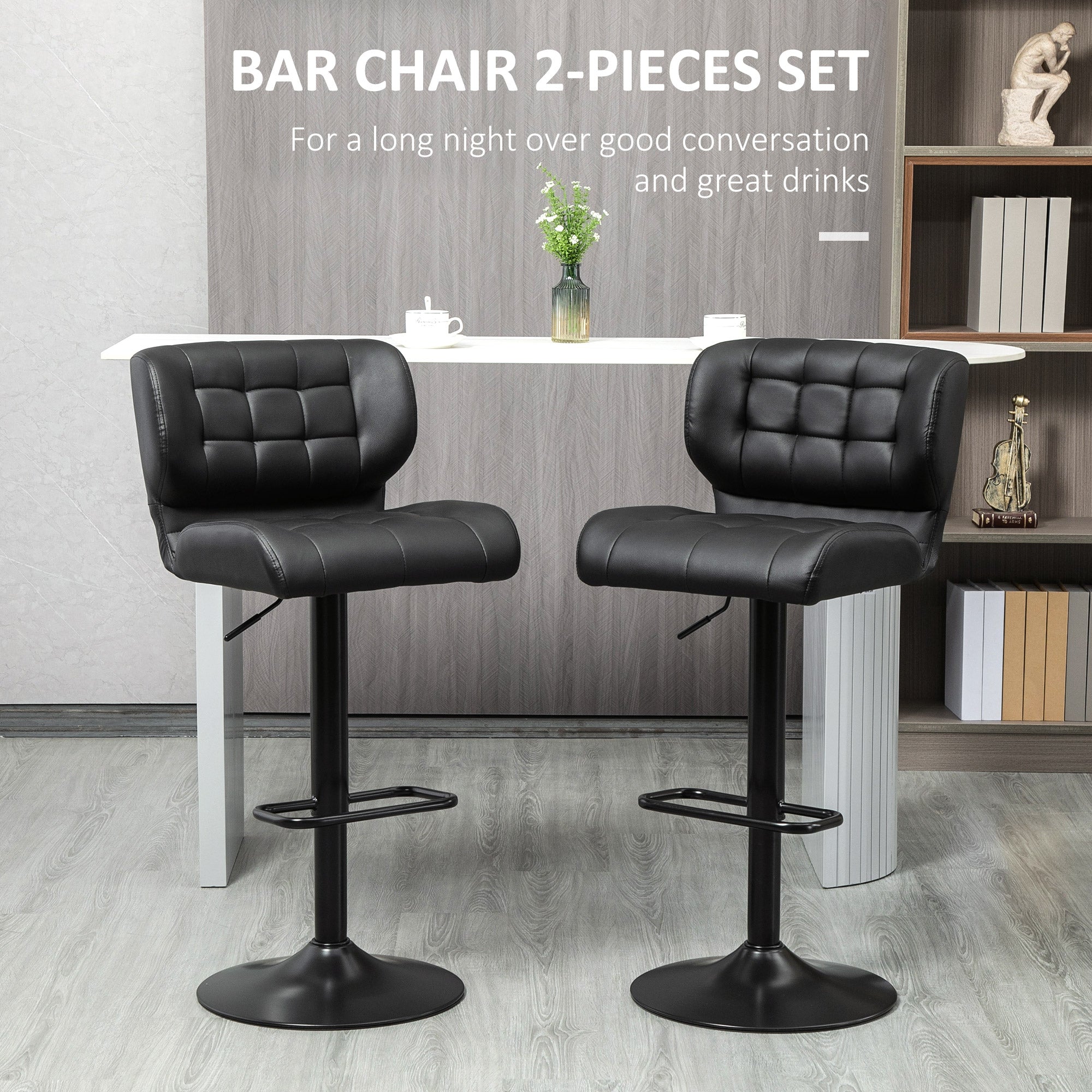 HOMCOM Adjustable Bar Stools Set of 2, Swivel Tufted PU Leather Barstools with Footrest and Back, Bar Chairs for Kitchen Counter and Dining Room, Black