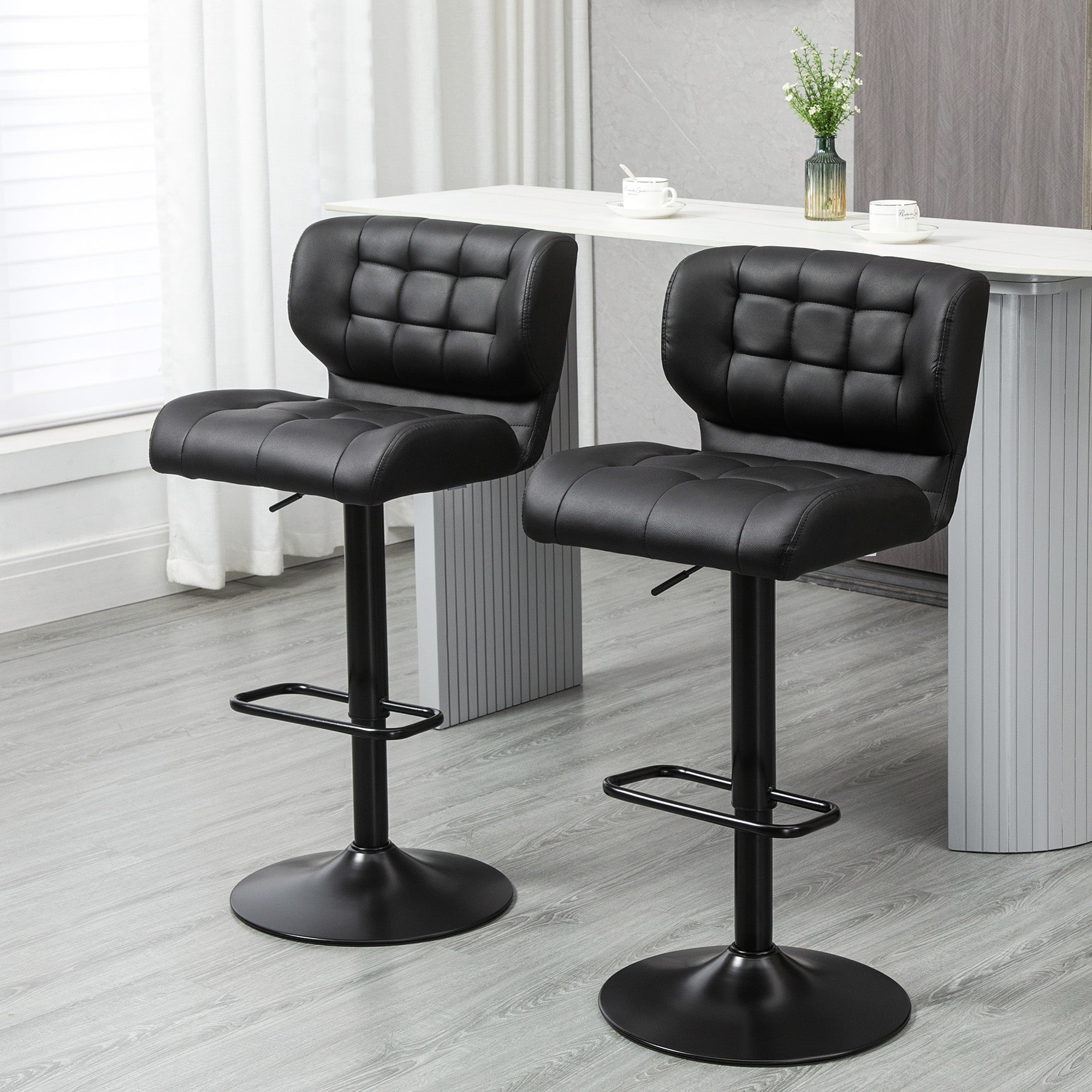 HOMCOM Adjustable Bar Stools Set of 2, Swivel Tufted PU Leather Barstools with Footrest and Back, Bar Chairs for Kitchen Counter and Dining Room, Black