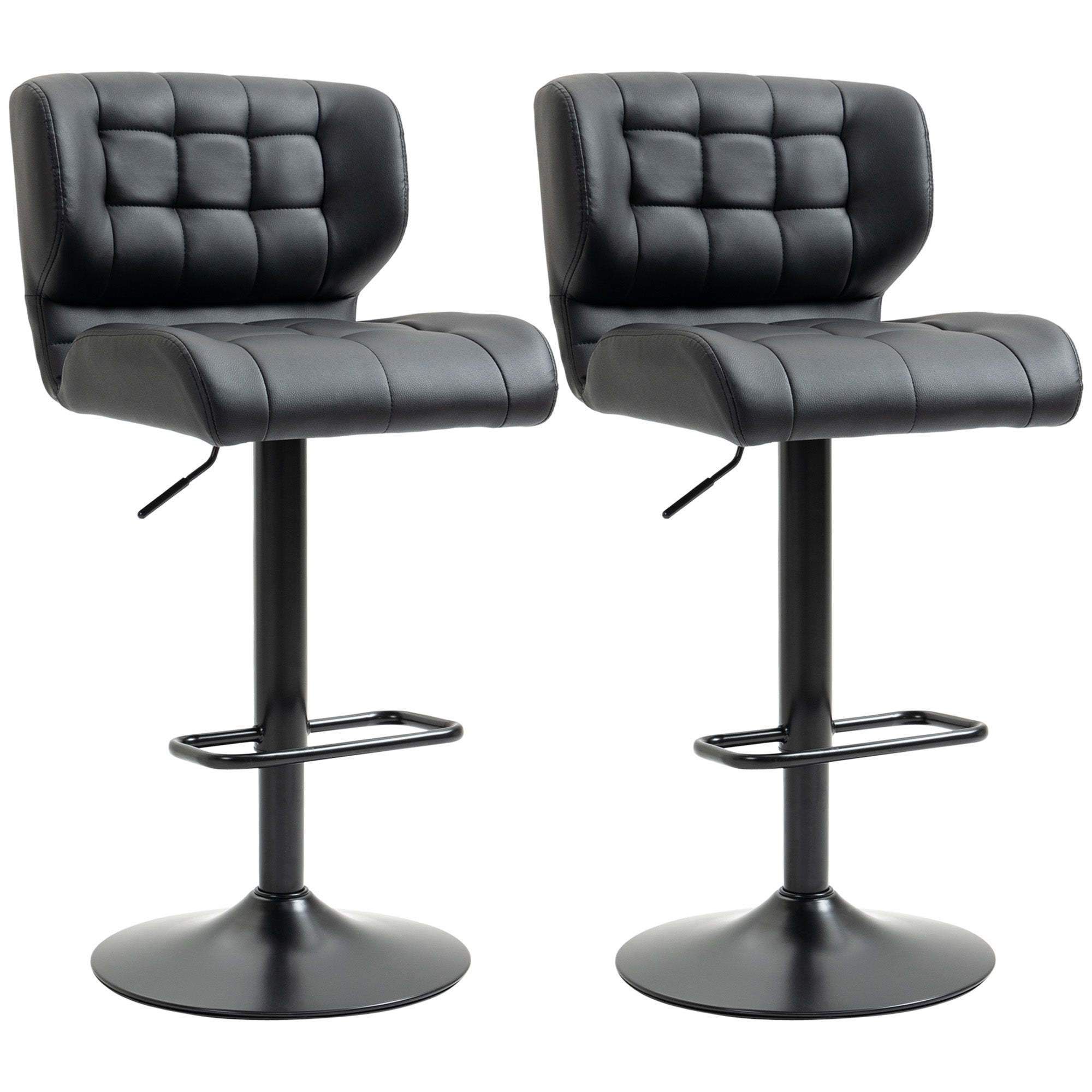 HOMCOM Adjustable Bar Stools Set of 2, Swivel Tufted PU Leather Barstools with Footrest and Back, Bar Chairs for Kitchen Counter and Dining Room, Black