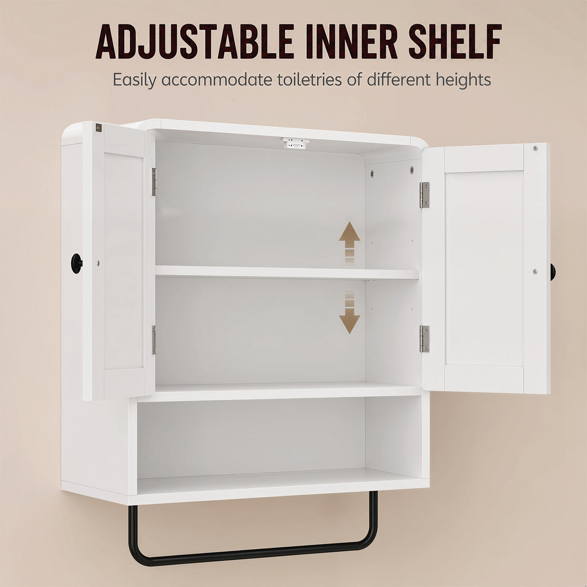 Bathroom Wall Cabinet, Wall Mounted Bathroom Cabinet with 2 Doors, Open Shelf, Towel Bar and Adjustable Shelf Storage for Toilet, Laundry, White