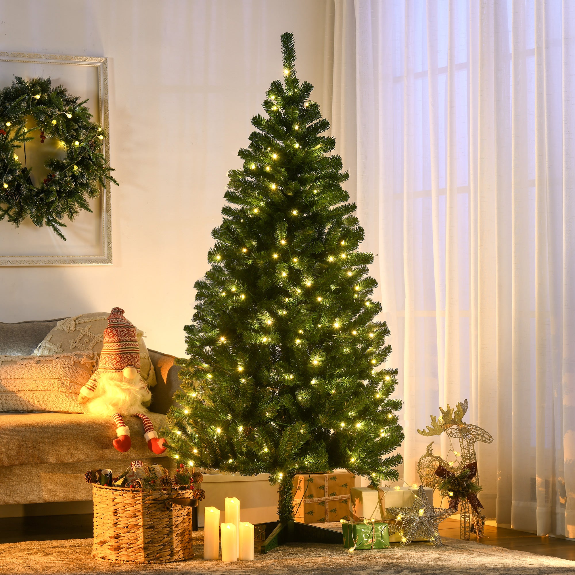 6' Artificial Prelit Christmas Trees with Warm White or Colorful LED Lights, Auto Open