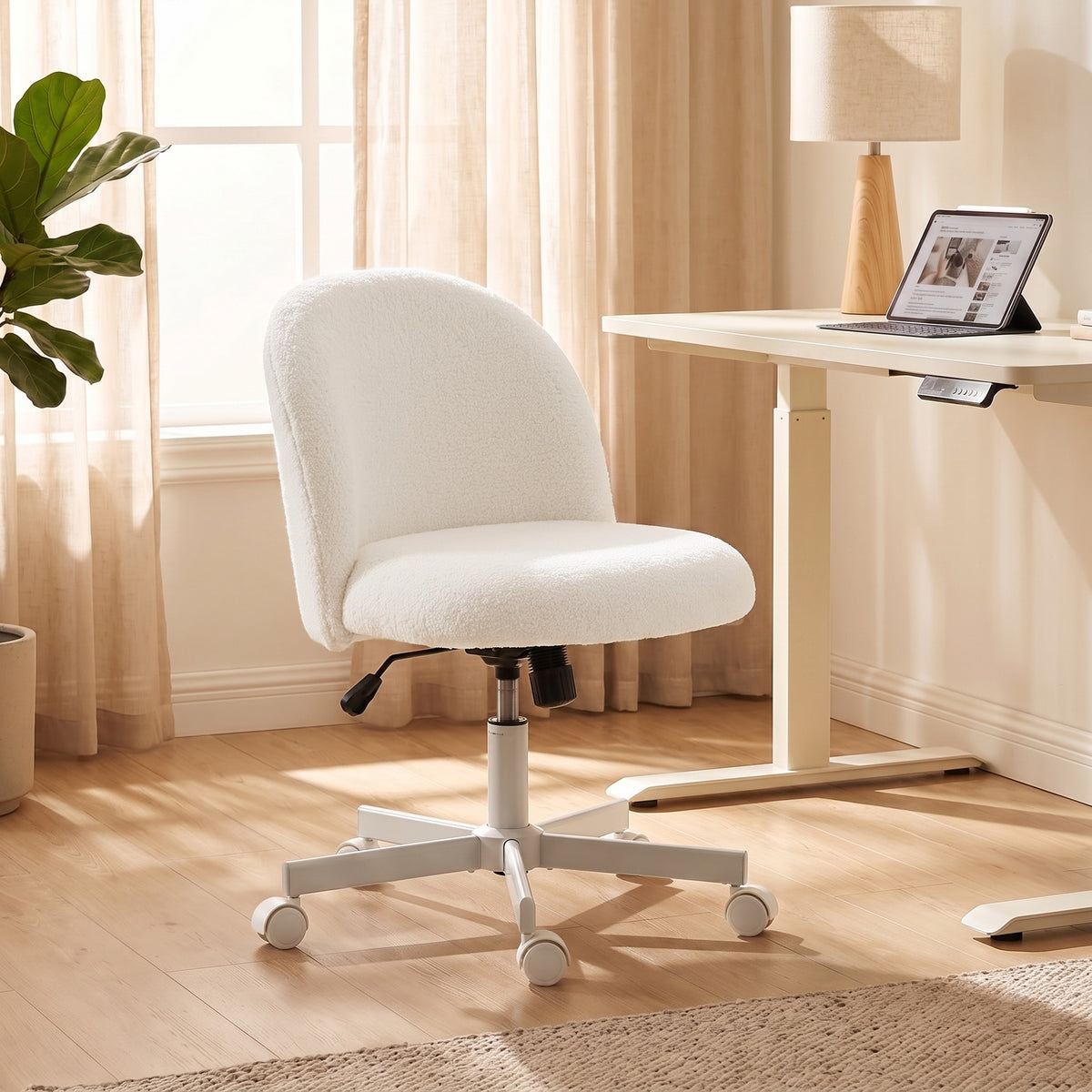 Office Chair, Sherpa Fleece Computer Task Desk Chair, Armless Makeup Vanity Seat with 360° Swivel, Tilt, Adjustable Height, Wheels for Home Office, Study, Cream White