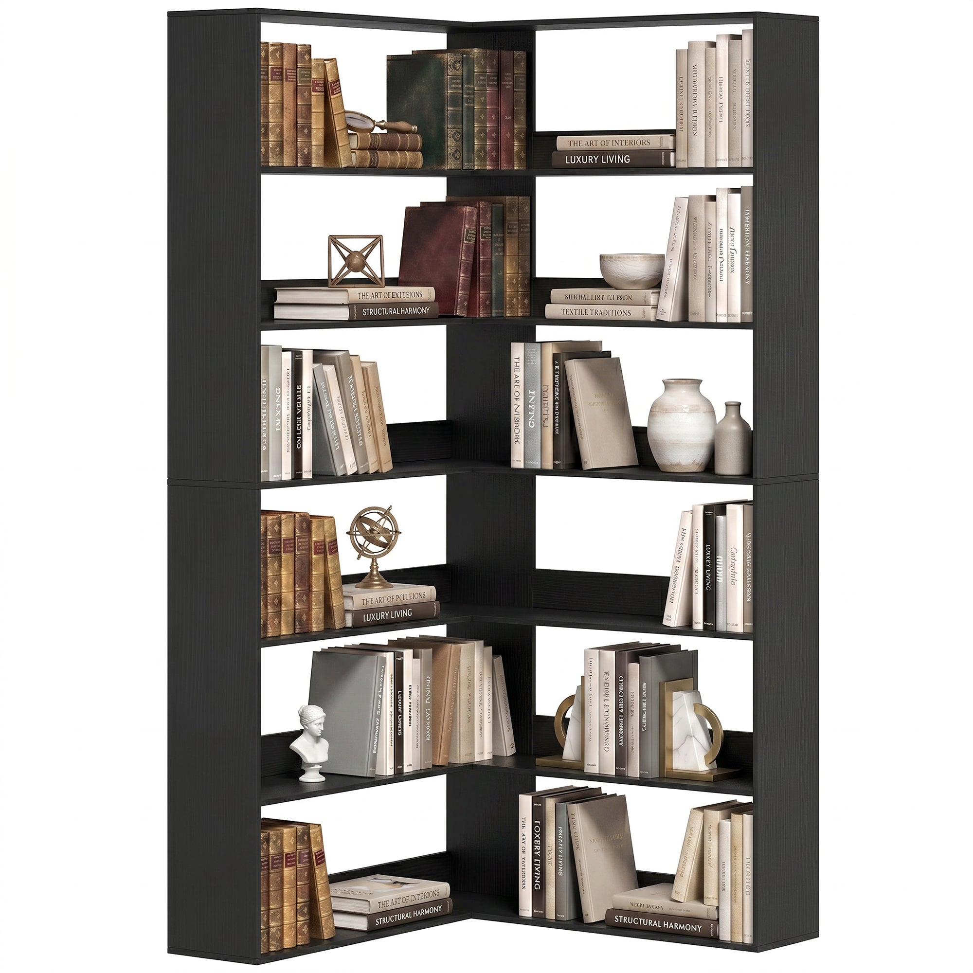 7 Tiers Corner Bookshelf, L-Shaped Bookcase with Anti-Slip Rear Guard, Storage Shelves for Living Room, Bedroom and Home Office, 90W x 90D x 180H cm, Black Wood Effect