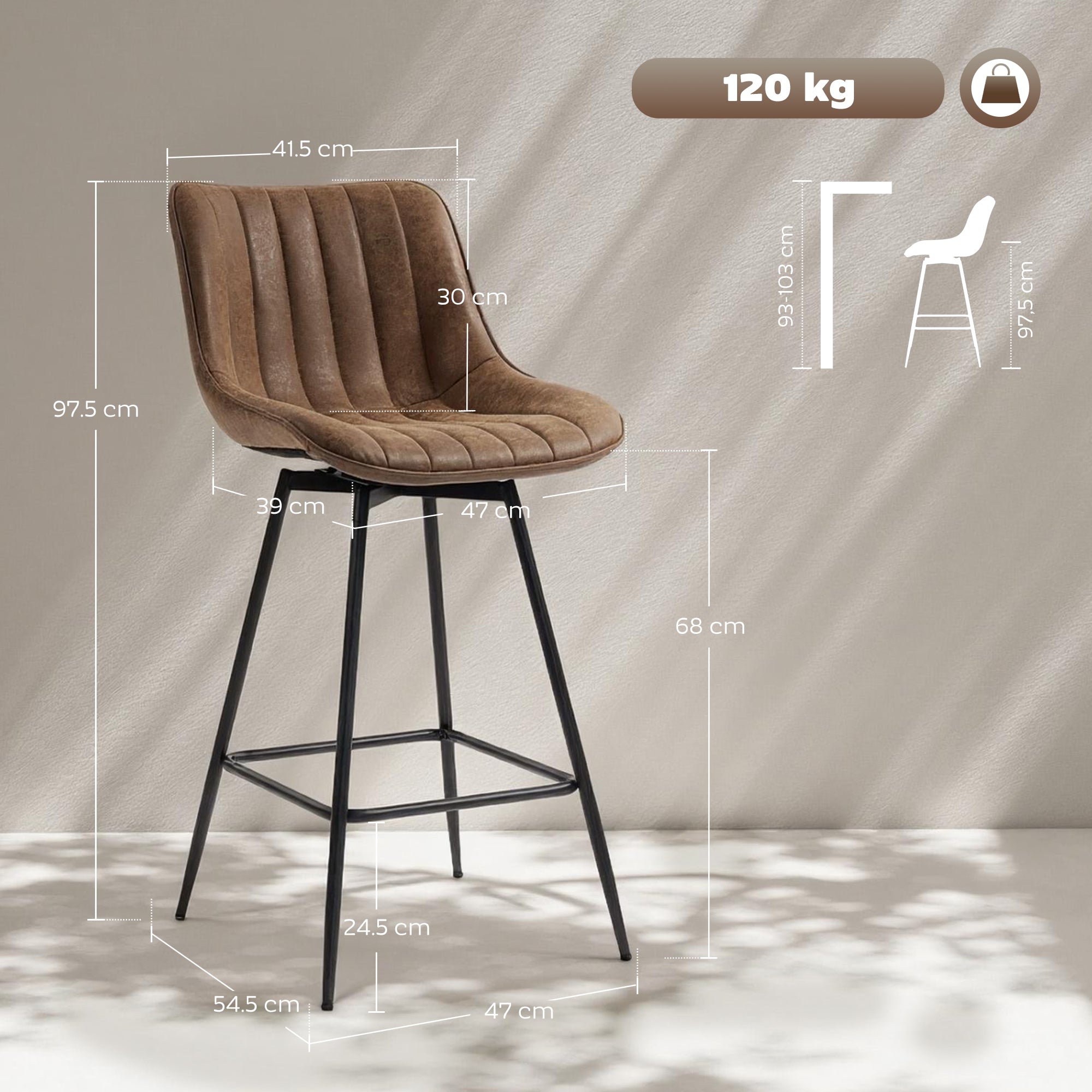 Swivel Bar Stools Set of 2, Textured Faux Leather Counter Stools with Backrest and Footrest, Height Adjustable Breakfast Chairs for Kitchen Island, Home Bar, Dining Room, Brown