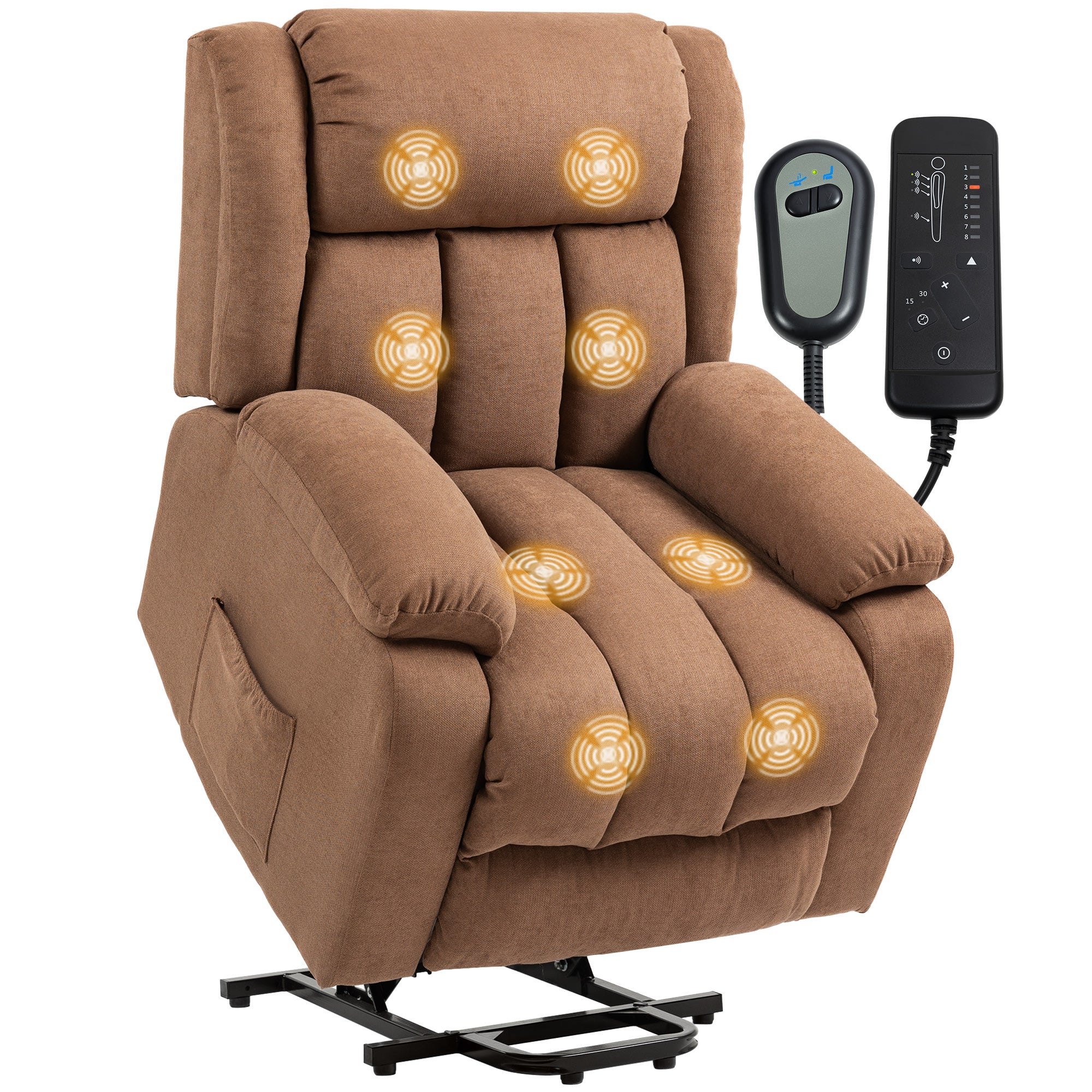 Power Lift Recliner Chair with Massage, Linen Overstuffed Lift Chair for Elderly, Electric Recliner Armchair with Footrest, Remote Control and Side Pocket, for Living Room, Brown
