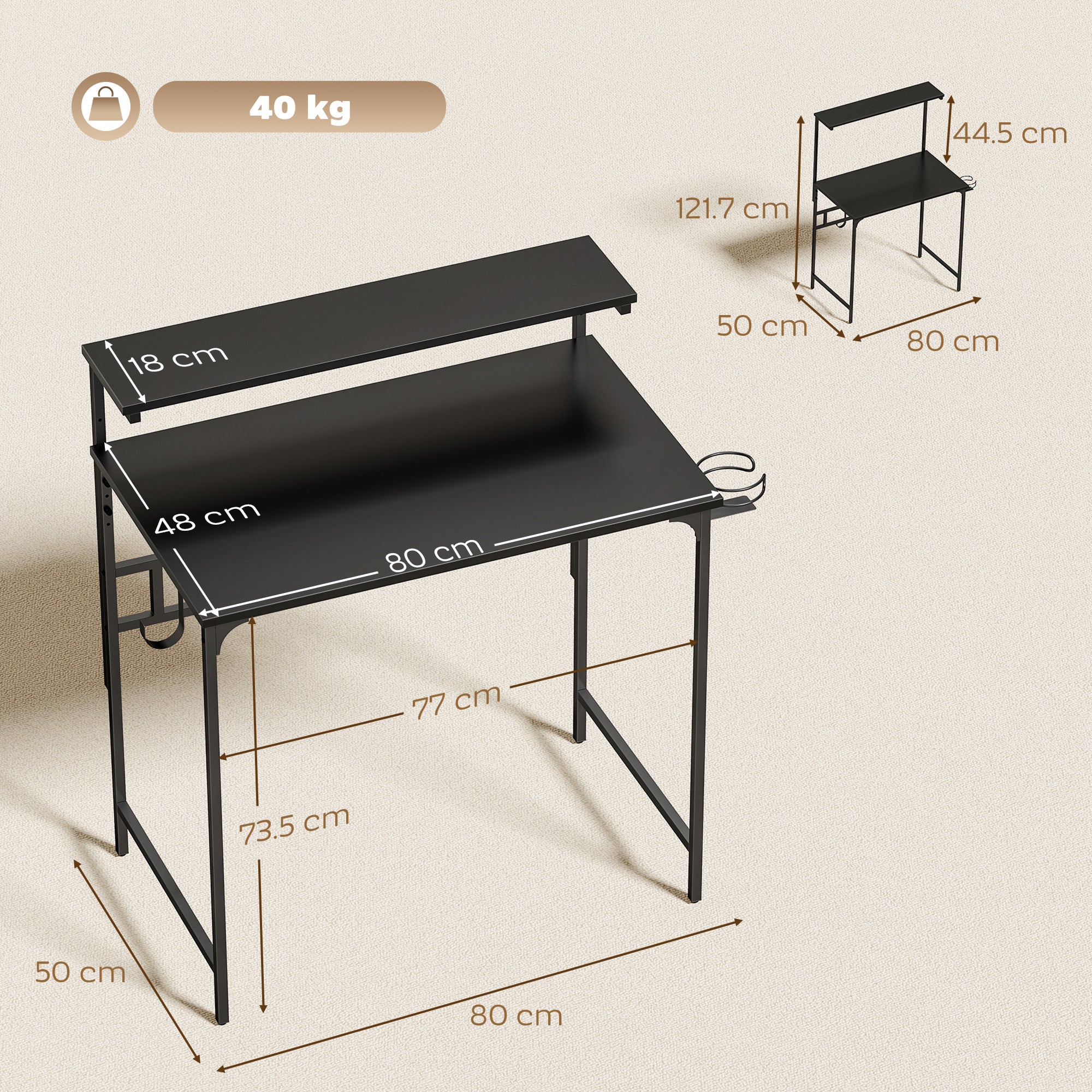 Computer Desk, 80cm Home Office Study Table with Hutch Shelf, Cup Holder, Headphone Hook, Metal Frame, Space Saving Writing Desk, Black