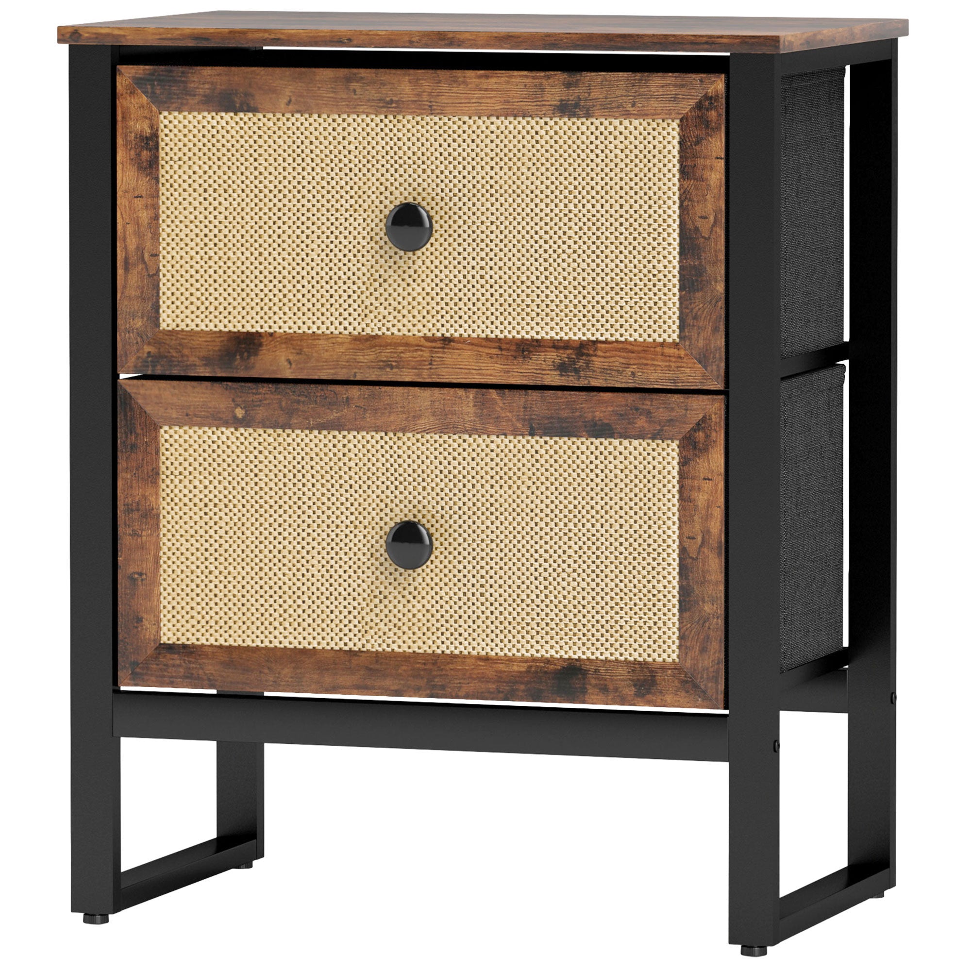 HOMCOM Bedside Table, Side Table with 2 Rattan Drawers, Bedside Cabinet with Storage and Steel Legs for Bedroom, Living Room, Rustic Brown