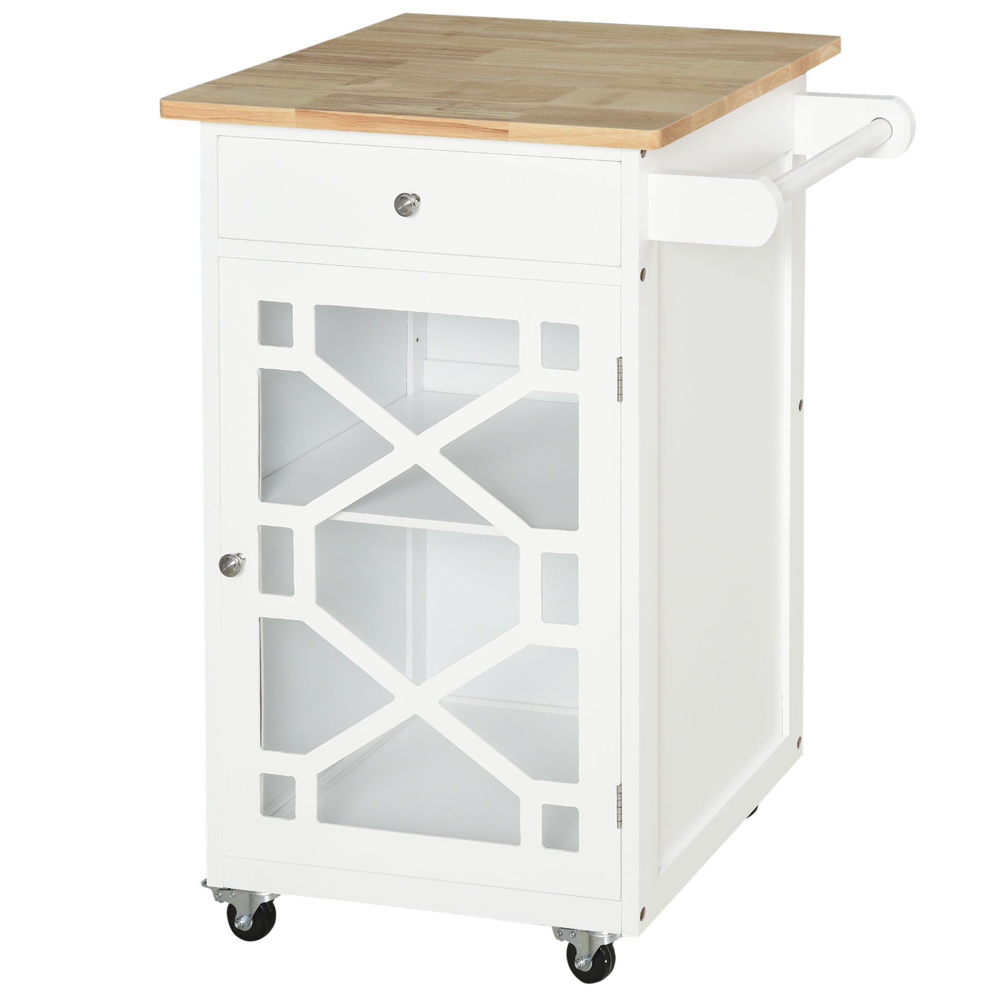 HOMCOM Rolling Kitchen Island with Storage, Kitchen Cart on Wheels with Drawer, Glass Door, Towel Rack and Adjustable Shelf, White