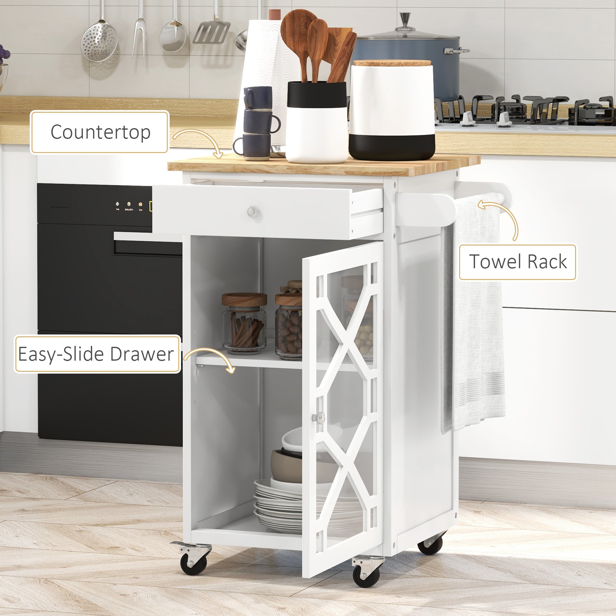 HOMCOM Rolling Kitchen Island with Storage, Kitchen Cart on Wheels with Drawer, Glass Door, Towel Rack and Adjustable Shelf, White