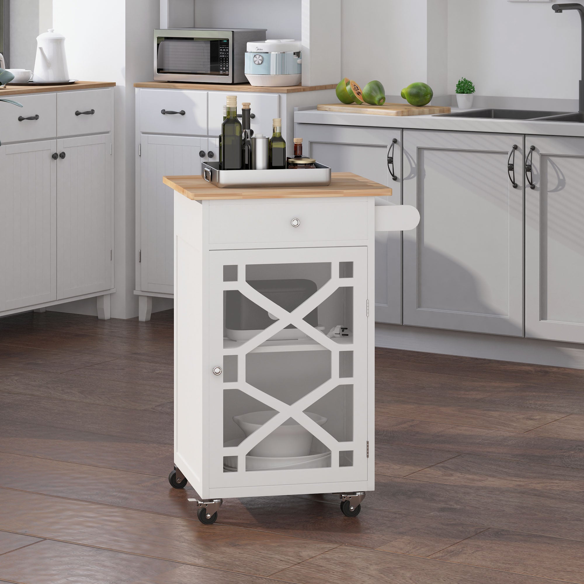 HOMCOM Rolling Kitchen Island with Storage, Kitchen Cart on Wheels with Drawer, Glass Door, Towel Rack and Adjustable Shelf, White