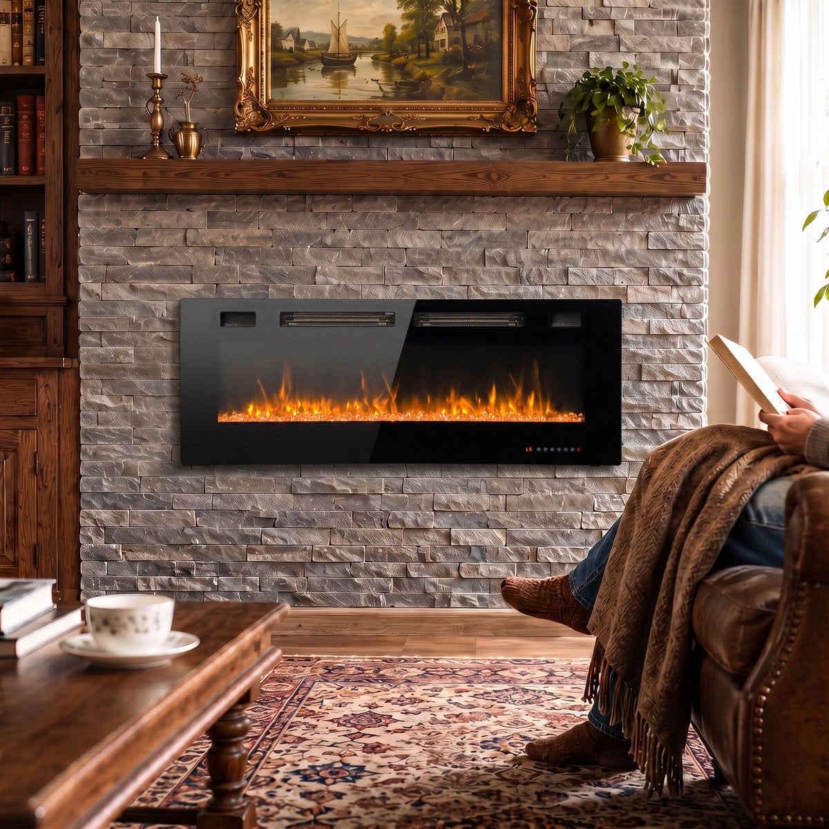 50\" Electric Fireplace Insert, Ultra-Thin Recessed, Wall Mounted and Freestanding Fireplace w/ Flame Effect, Adjustable Brightness, Crystal Stone, Remote, 750W/1500W, Black
