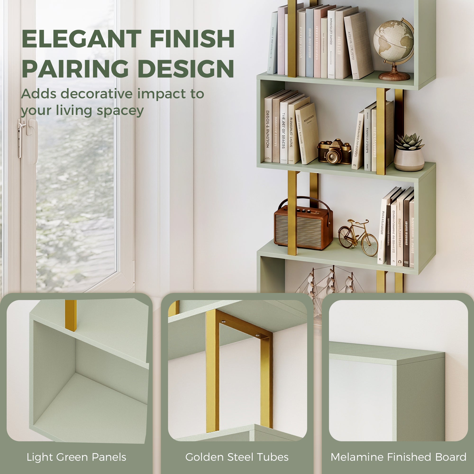 S-Shaped Bookshelf, 5-Tier Bookcase, Freestanding Storage Shelves with Anti-Tip Strap for Study, Living Room, Light Green