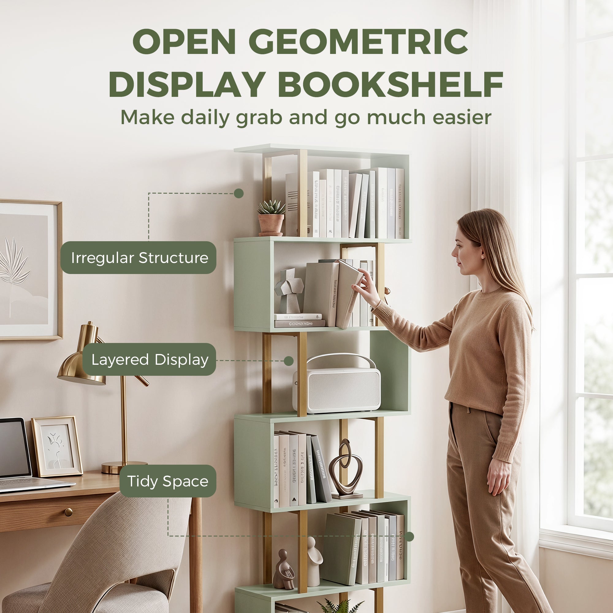 S-Shaped Bookshelf, 5-Tier Bookcase, Freestanding Storage Shelves with Anti-Tip Strap for Study, Living Room, Light Green