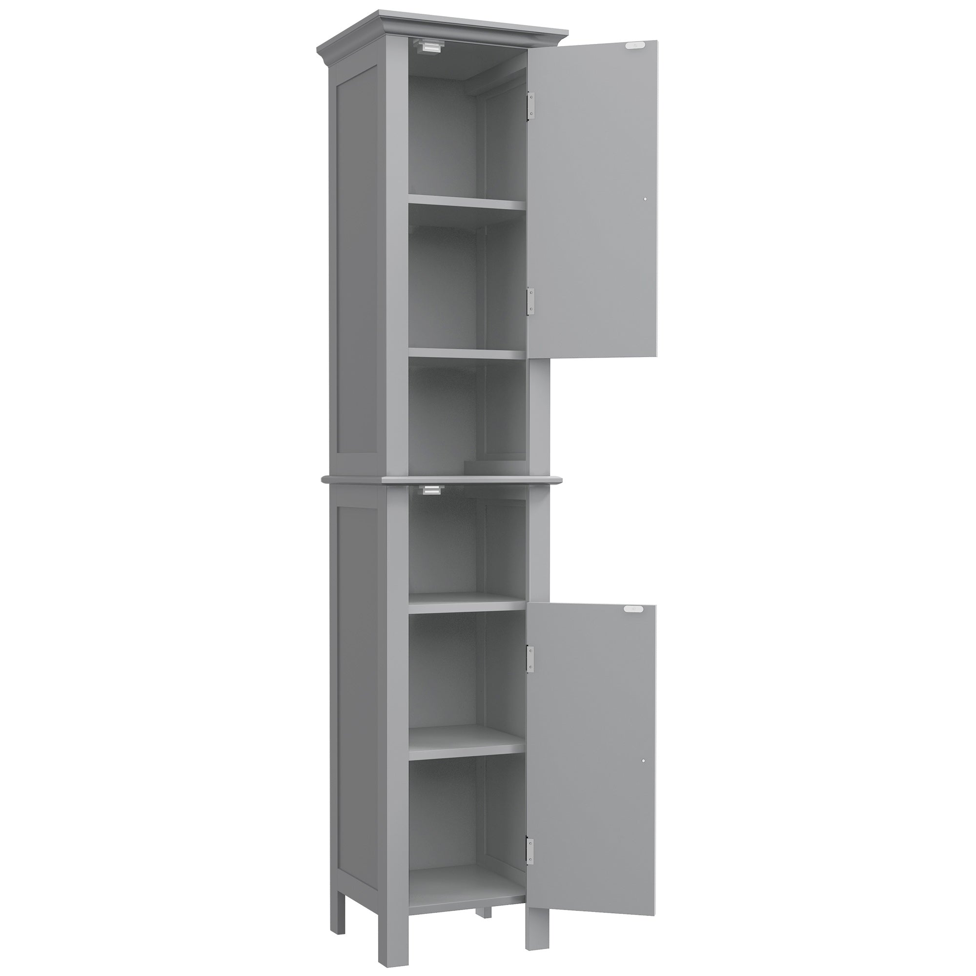 kleankin Tall Bathroom Storage Cabinet, Floor standing Bathroom Organizer, Linen Cabinet with Open Shelves and Cupboards, Grey