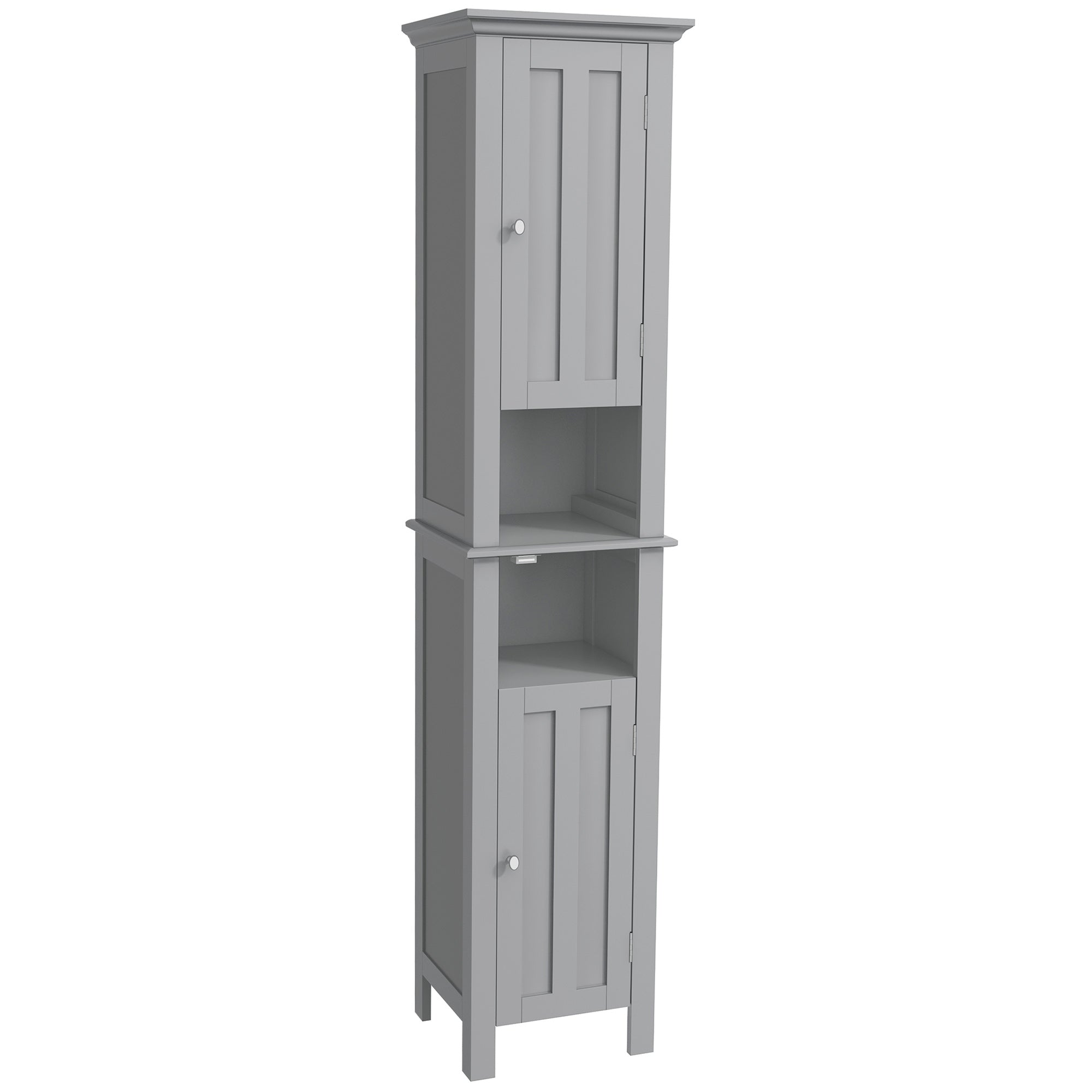 kleankin Tall Bathroom Storage Cabinet, Floor standing Bathroom Organizer, Linen Cabinet with Open Shelves and Cupboards, Grey