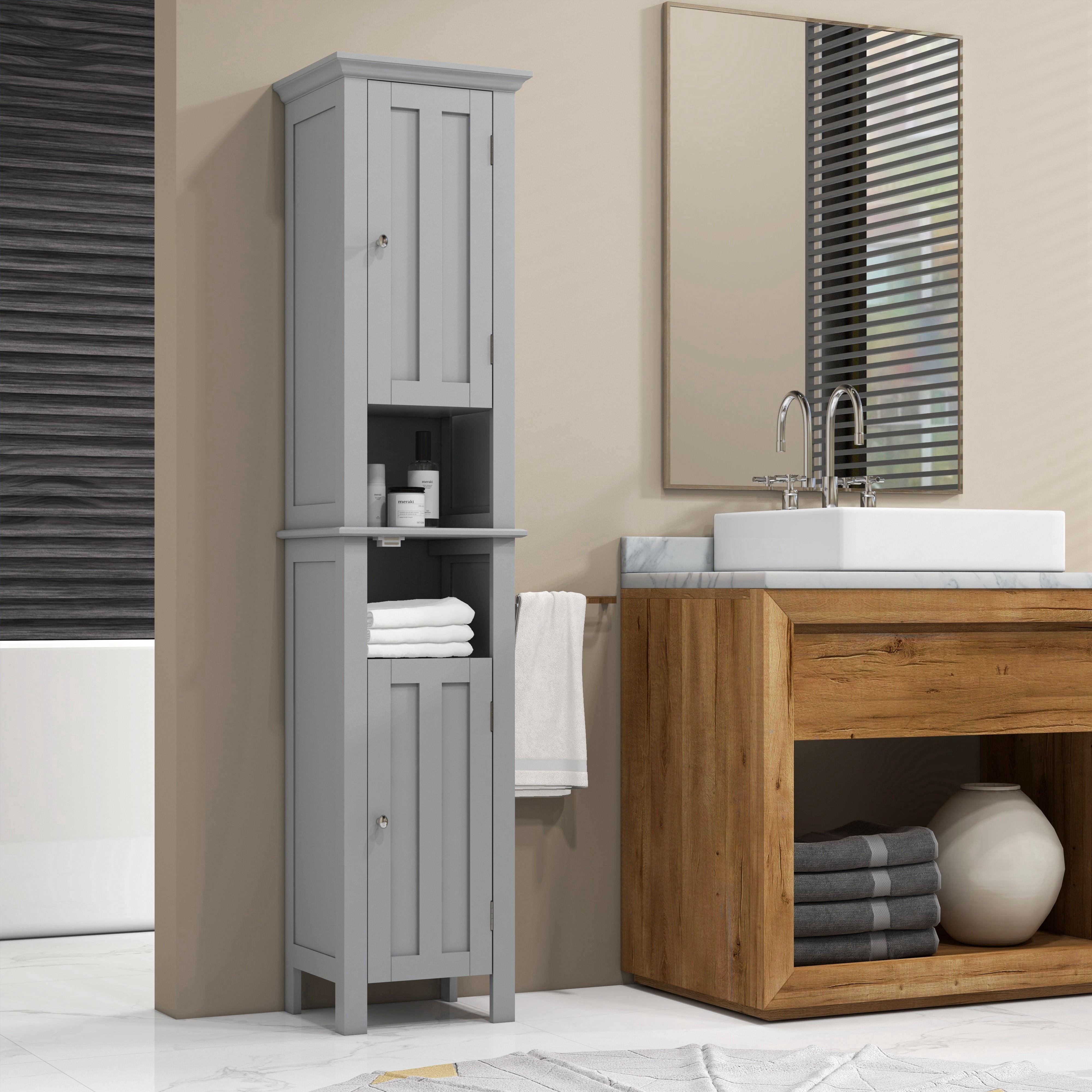 kleankin Tall Bathroom Storage Cabinet, Floor standing Bathroom Organizer, Linen Cabinet with Open Shelves and Cupboards, Grey