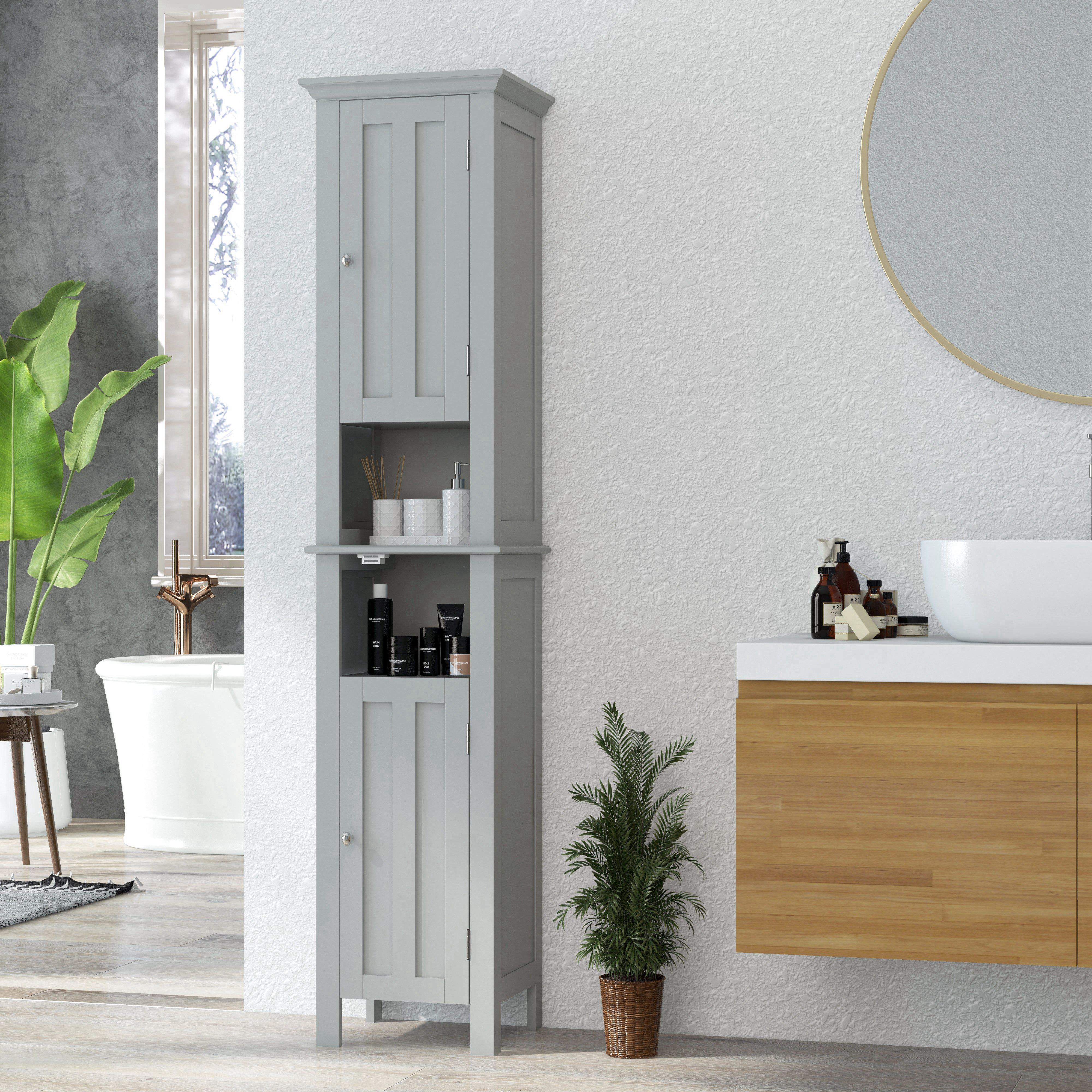 kleankin Tall Bathroom Storage Cabinet, Floor standing Bathroom Organizer, Linen Cabinet with Open Shelves and Cupboards, Grey