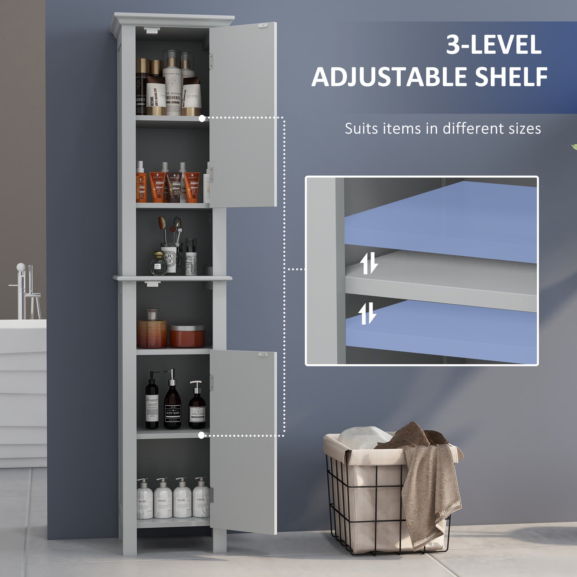 kleankin Tall Bathroom Storage Cabinet, Floor standing Bathroom Organizer, Linen Cabinet with Open Shelves and Cupboards, Grey