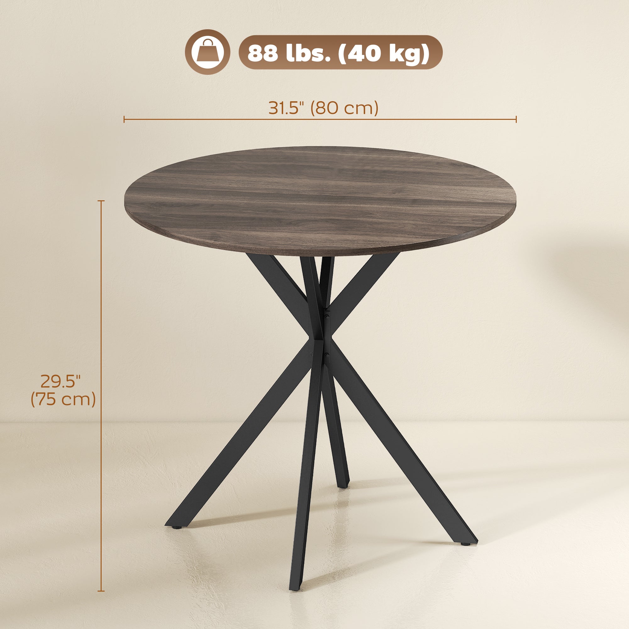 31.5" Round Dining Table, Industrial Kitchen Table with Cross Steel Legs for Dining Room, Kitchen, Living Room, Distressed Dark Brown
