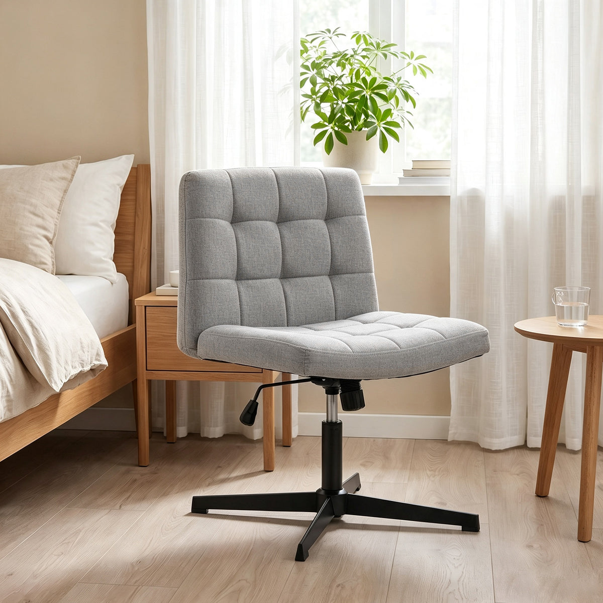 Armless Office Chair, Cross Legged Linen Computer Desk Vanity Chair with Wide Seat, Rocking Function, Swivel, Adjustable Height for Home Office, Study, Bedroom, Makeup, Grey
