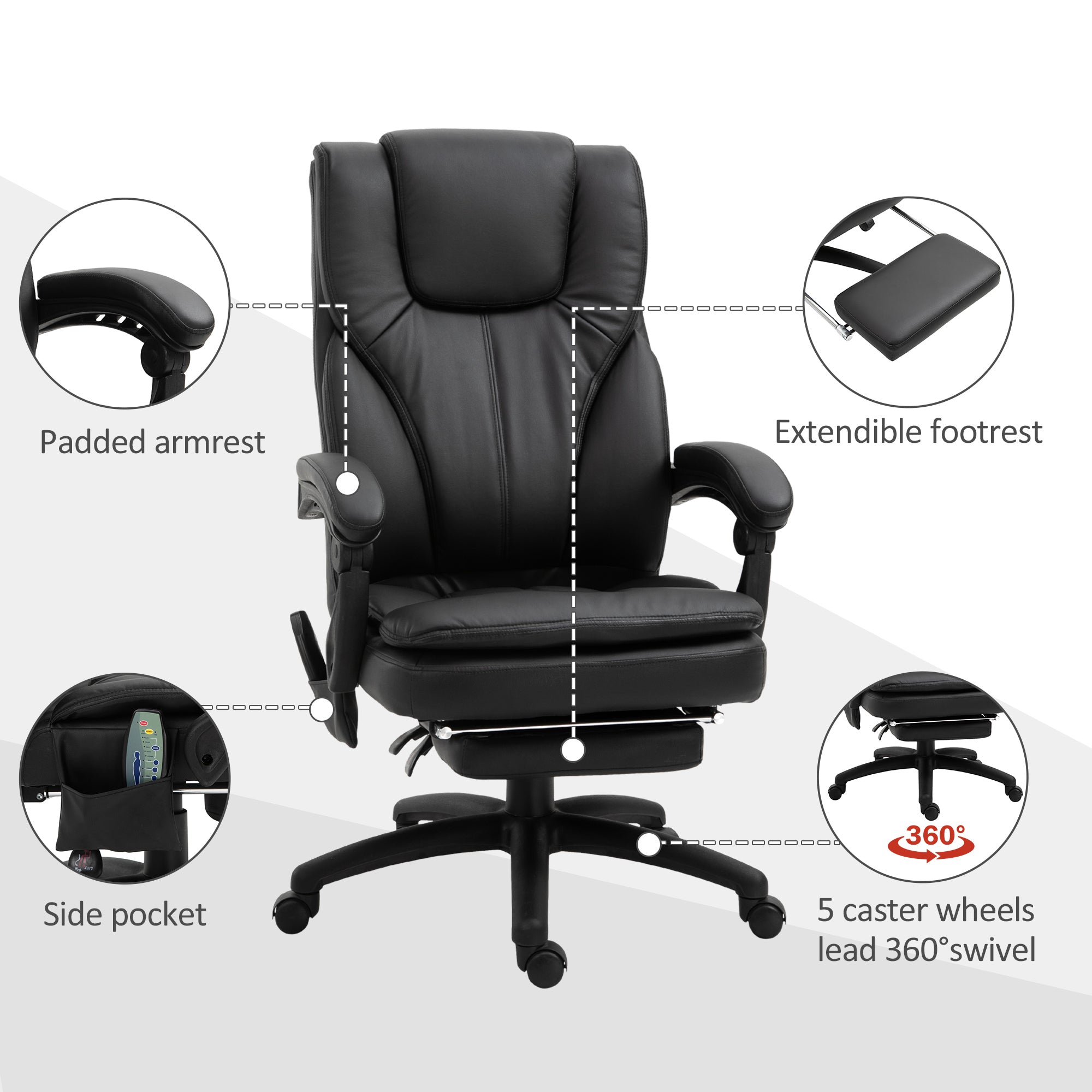 Vinsetto Office Chair High Back 6-Point Vibration Massage Reclining 360° Swivel Height Adjustable with Retractable Footrest, Remote Controller,PU leather, Black