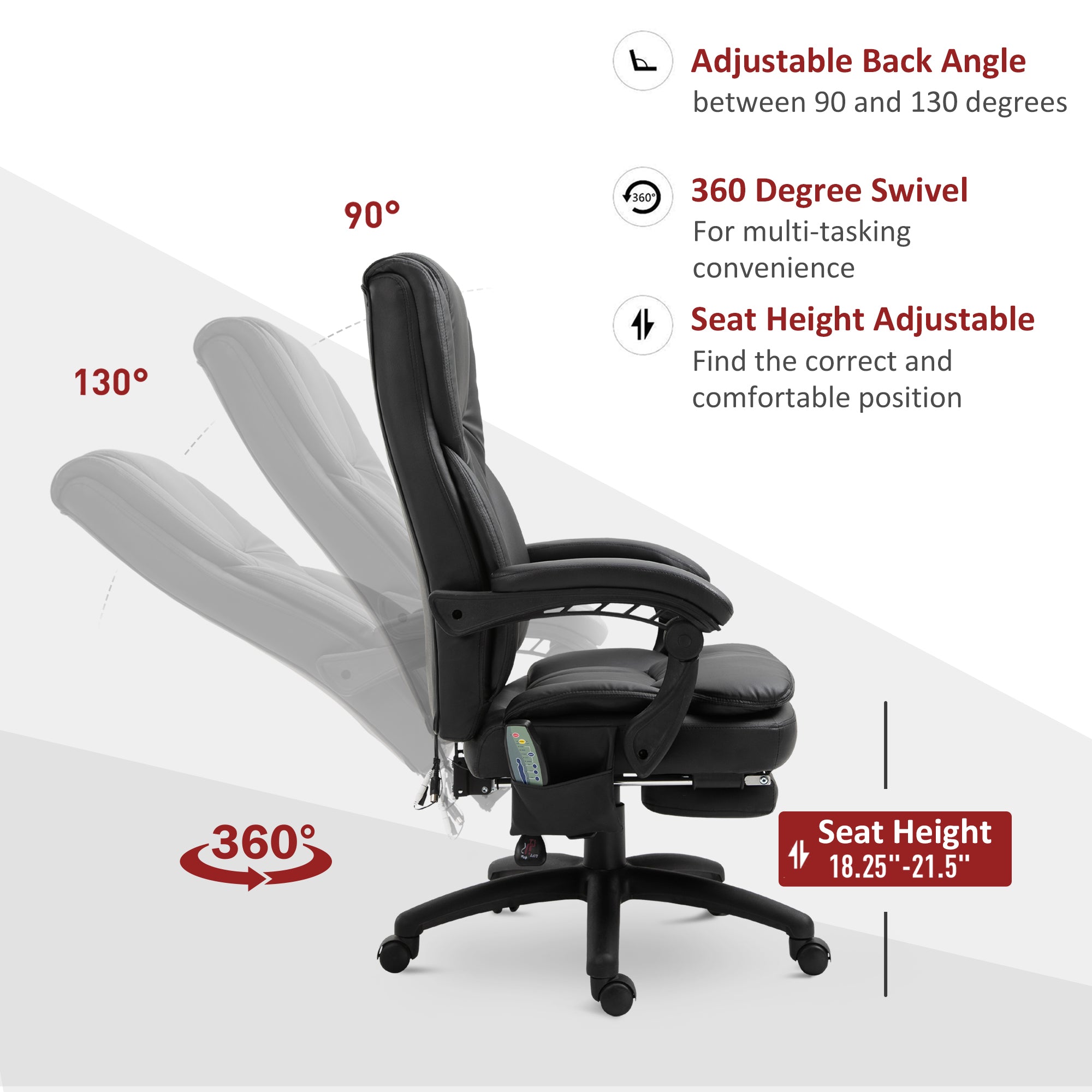 Vinsetto Office Chair High Back 6-Point Vibration Massage Reclining 360° Swivel Height Adjustable with Retractable Footrest, Remote Controller,PU leather, Black