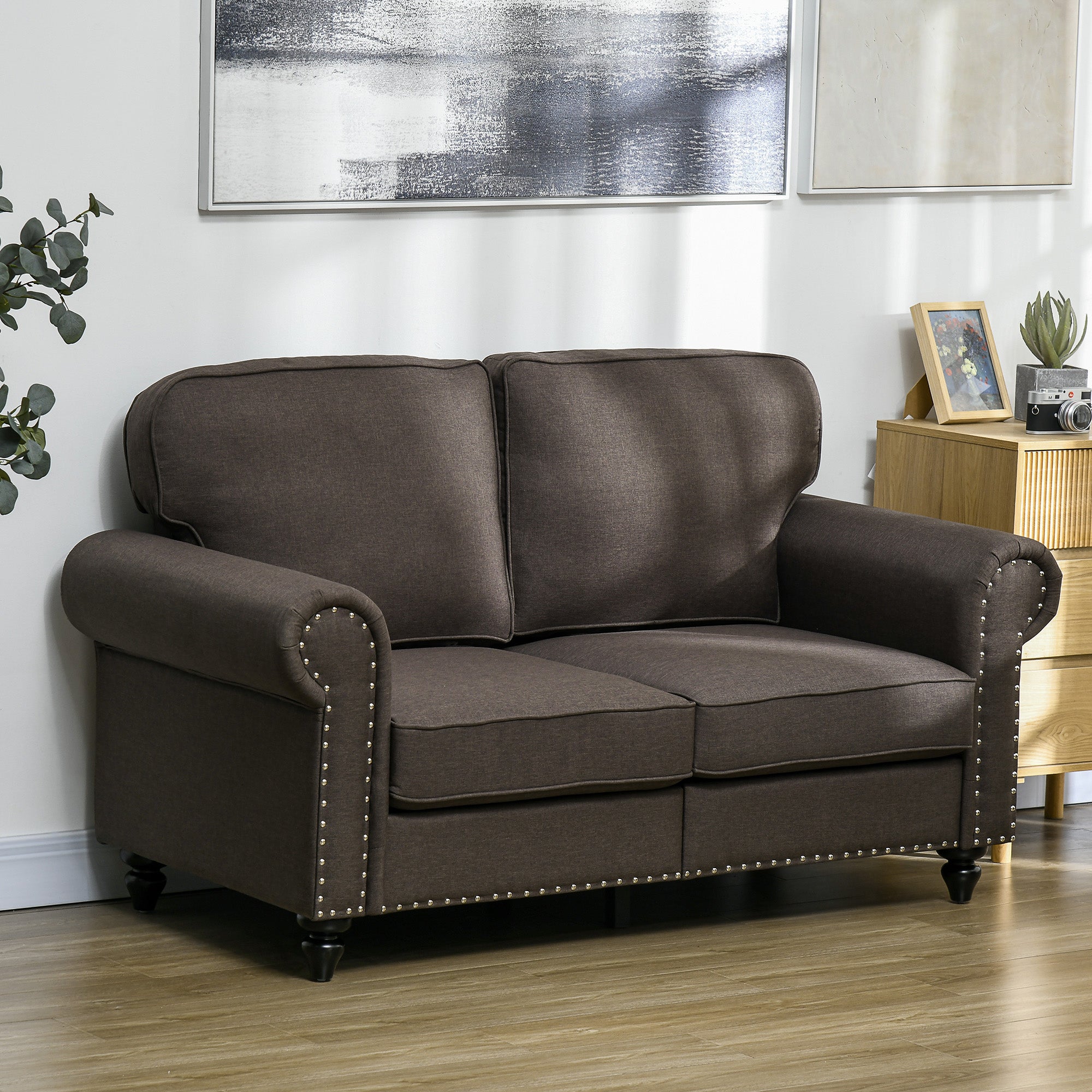 HOMCOM 2 Seater Sofa, Fabric Sofa Couch with Nailhead Trim Rolled Arm and Slatted Wood Frame, Upholstered Loveseat Sofa Settee for Living Room, Bedroom, Home Office, Dark Brown