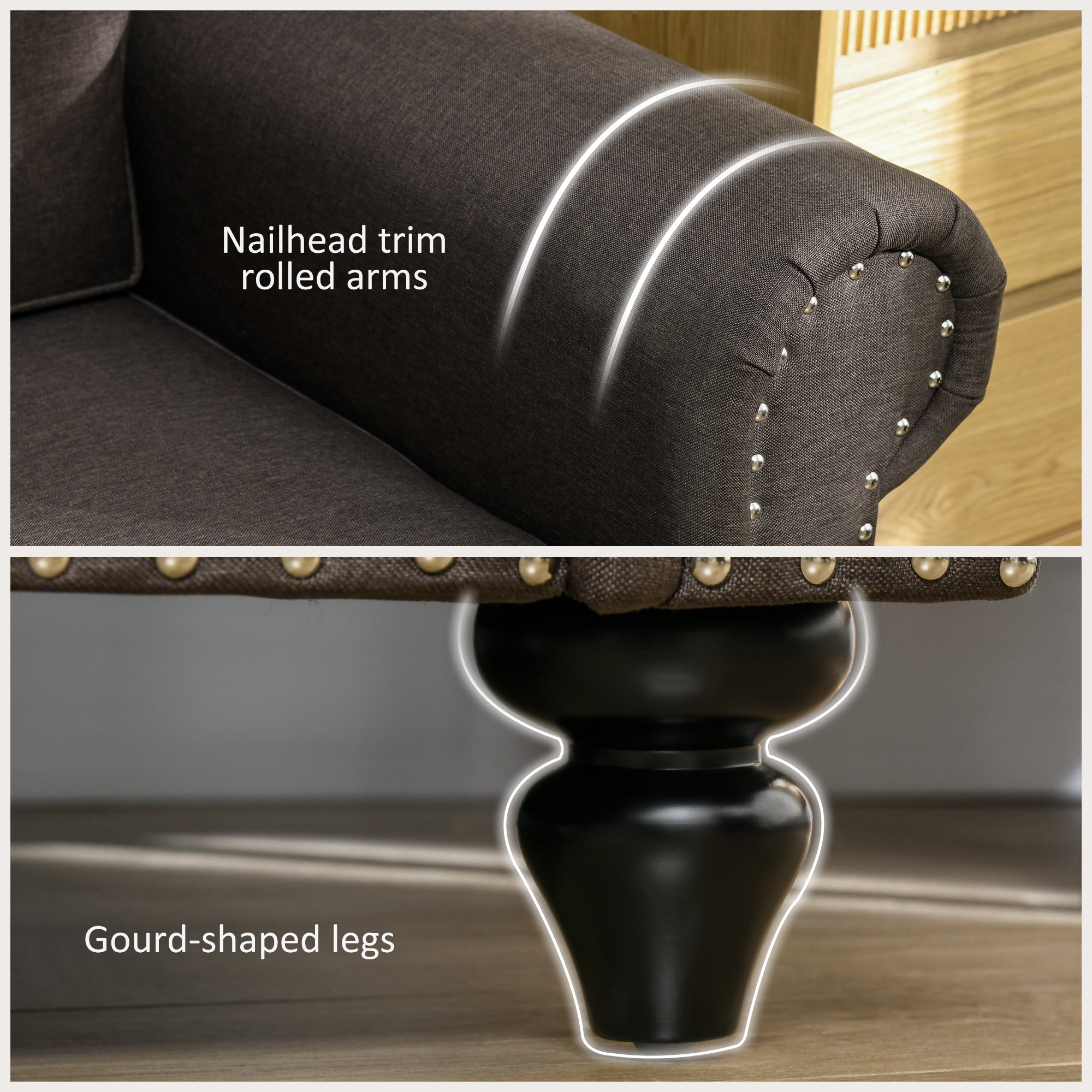 HOMCOM 2 Seater Sofa, Fabric Sofa Couch with Nailhead Trim Rolled Arm and Slatted Wood Frame, Upholstered Loveseat Sofa Settee for Living Room, Bedroom, Home Office, Dark Brown