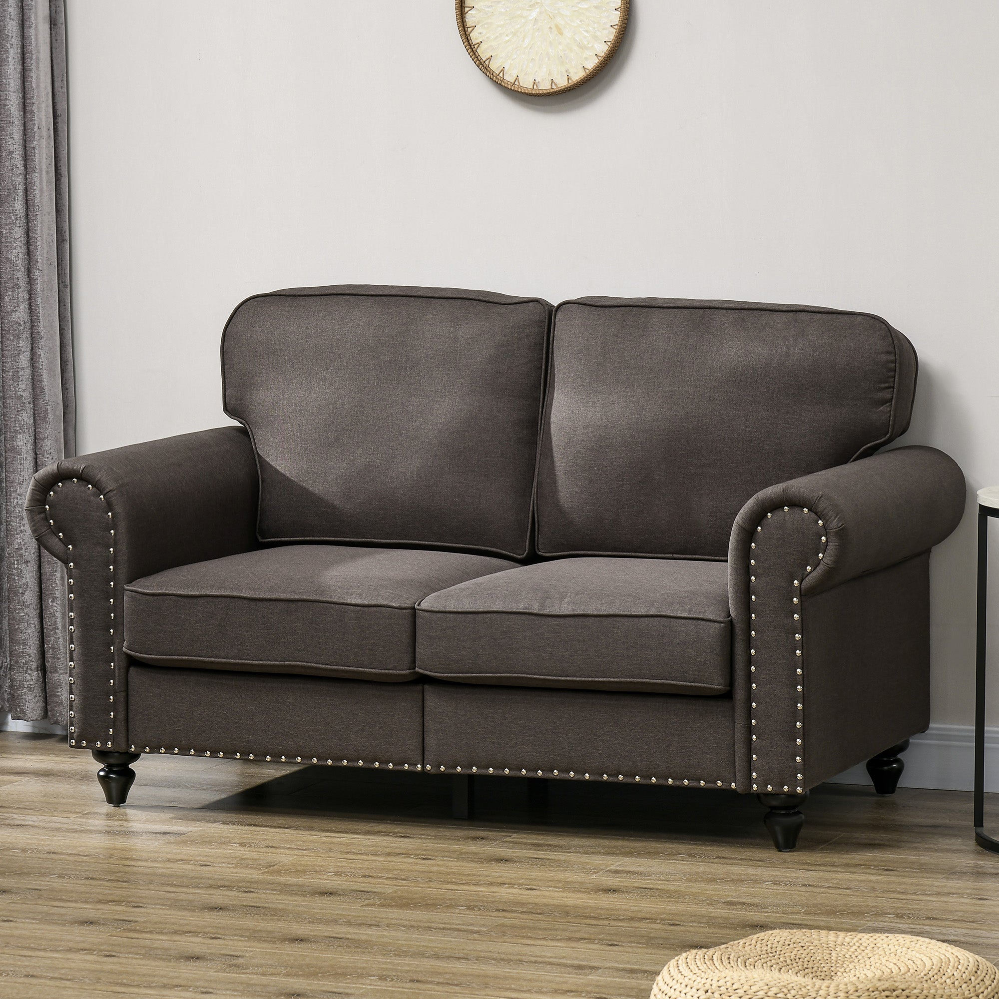 HOMCOM 2 Seater Sofa, Fabric Sofa Couch with Nailhead Trim Rolled Arm and Slatted Wood Frame, Upholstered Loveseat Sofa Settee for Living Room, Bedroom, Home Office, Dark Brown