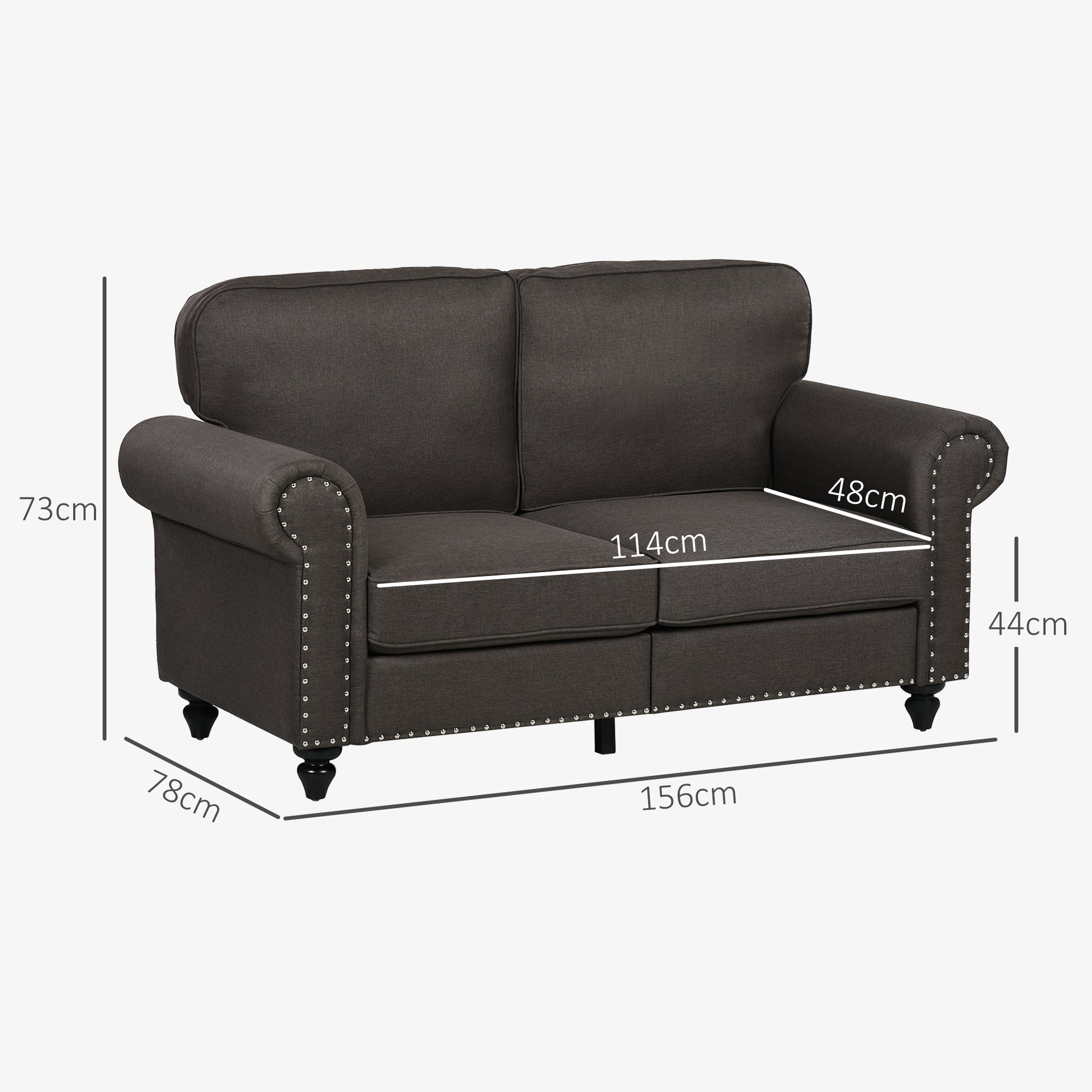HOMCOM 2 Seater Sofa, Fabric Sofa Couch with Nailhead Trim Rolled Arm and Slatted Wood Frame, Upholstered Loveseat Sofa Settee for Living Room, Bedroom, Home Office, Dark Brown