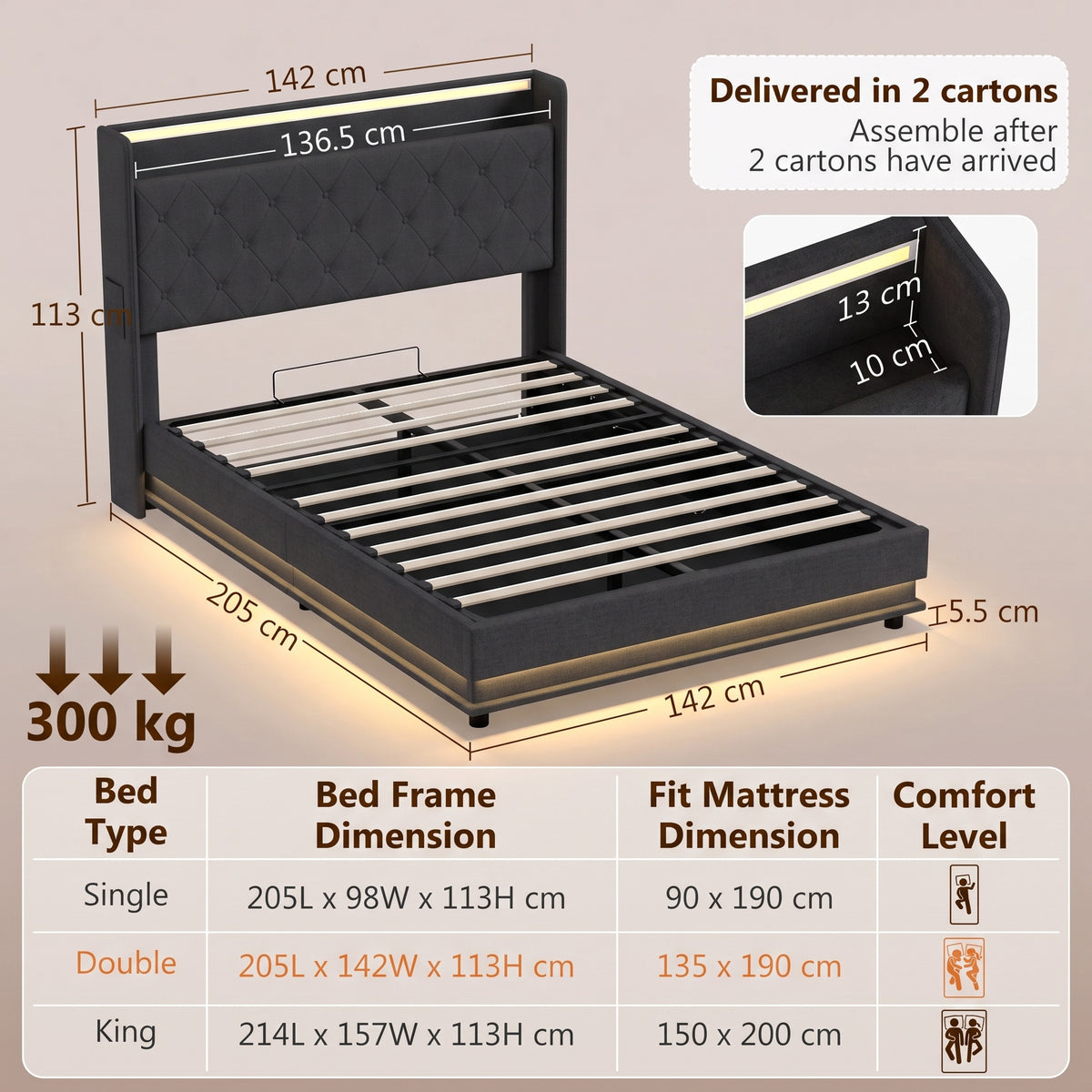 4ft6 Double Ottoman Bed Frame with Hydraulic Storage, APP Control LED Lights and Charging Station, Upholstered Lift Up Storage Bed Frame with Headboard, No Box Spring Needed, Black