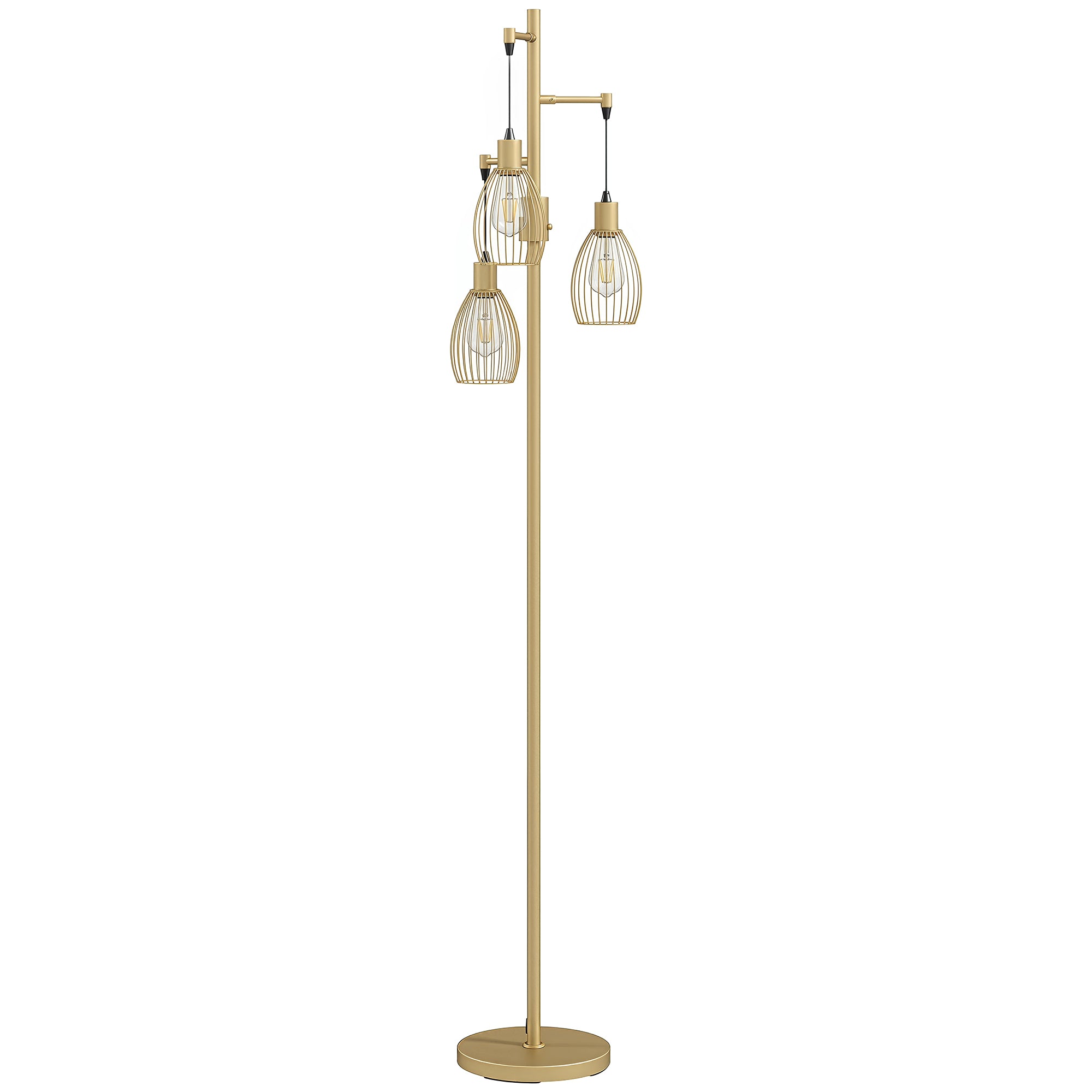 3-Light LED Floor Lamp, 170cm Industrial Dimmable Standing Lamp with Steel Wire Cage Lampshades, 2700K for Living Room, Bedroom, Dining Room, Study, Gold Tone