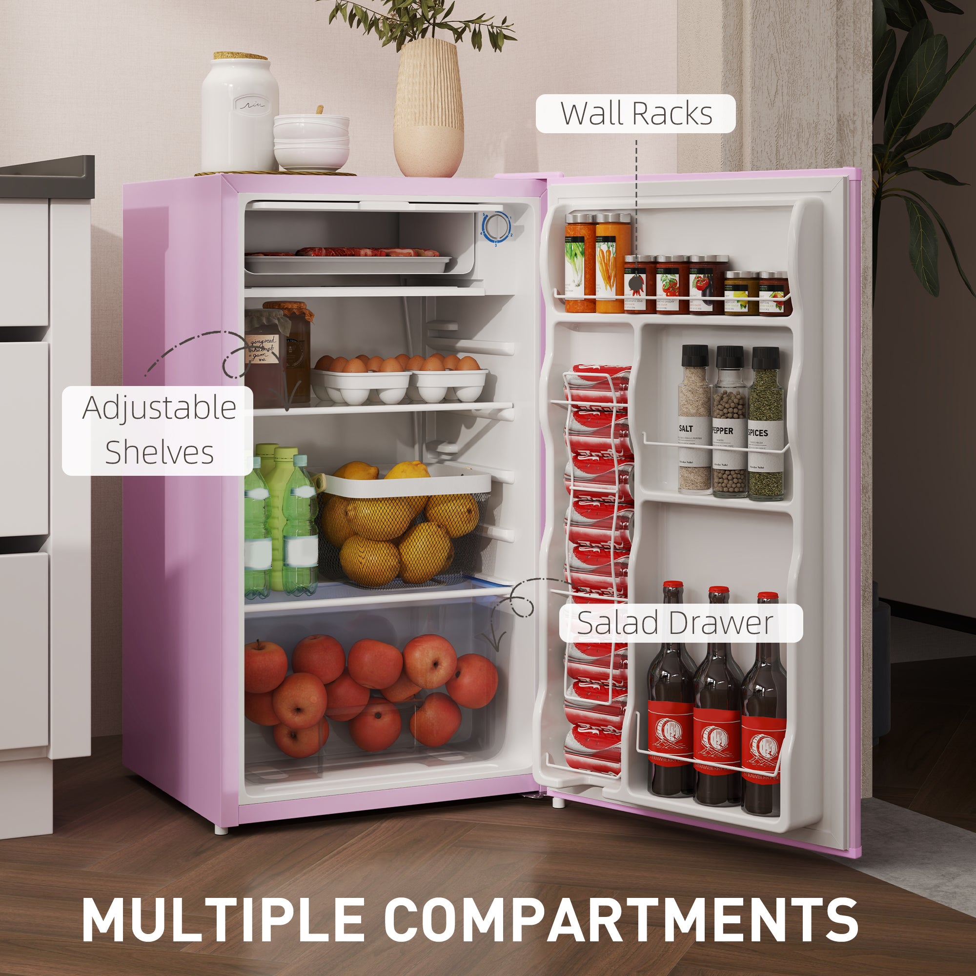 HOMCOM 3.2 Cu.Ft Mini Fridge with Freezer, Single Door Compact Refrigerator with Adjustable Thermostat, Shelf and Reversible Door for Bedroom, Dorm, Home Office, Energy Efficient, Red
