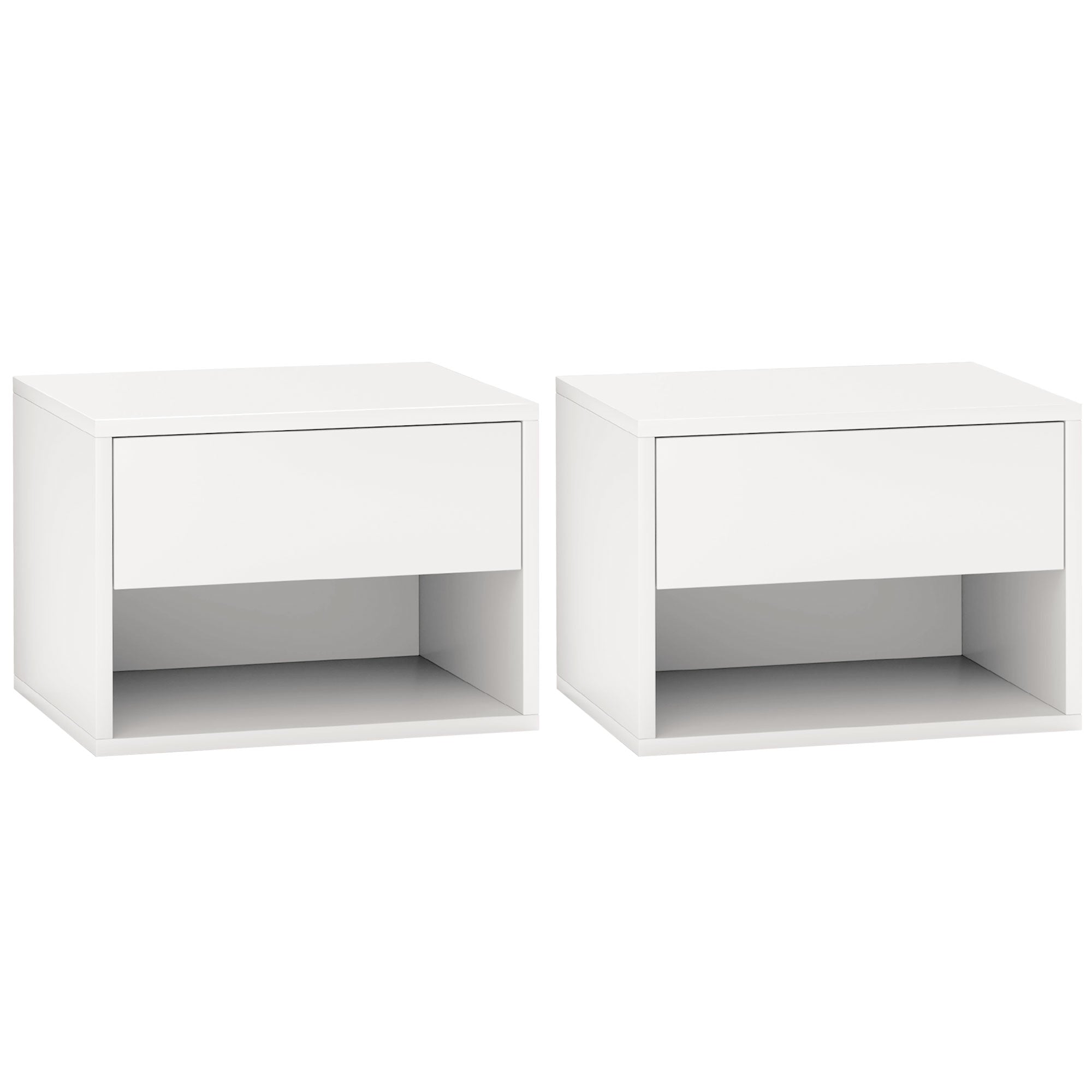 HOMCOM Floating Nightstand Set of 2, Wall Mounted Bedside Table with Drawer and Shelf, End Table for Bedroom, White