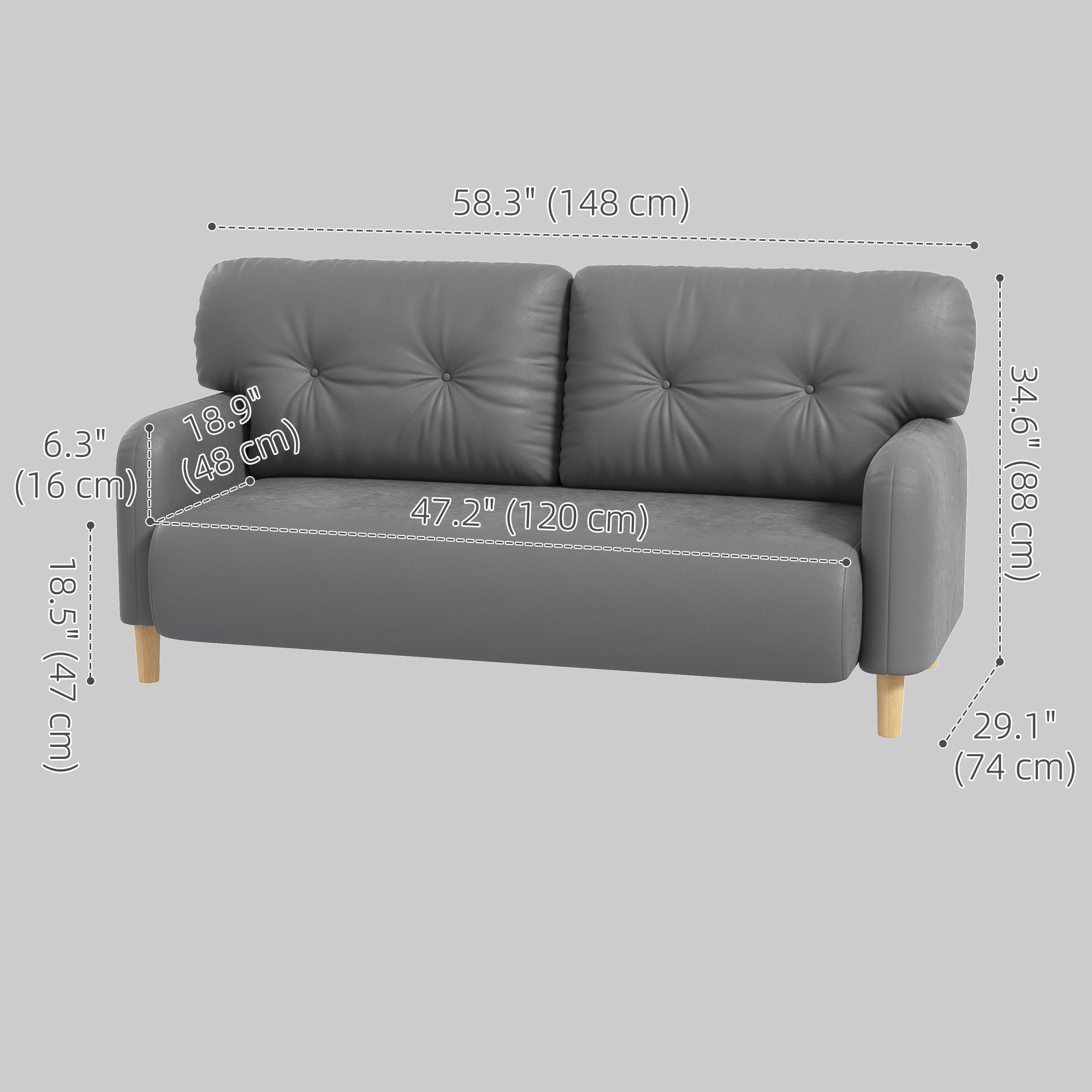 HOMCOM 58" Loveseat Sofa for Bedroom, Modern Love Seats Furniture, Upholstered 2 Seater Couch with 2 Tufted Back Cushions, Solid Wood Frame, Grey