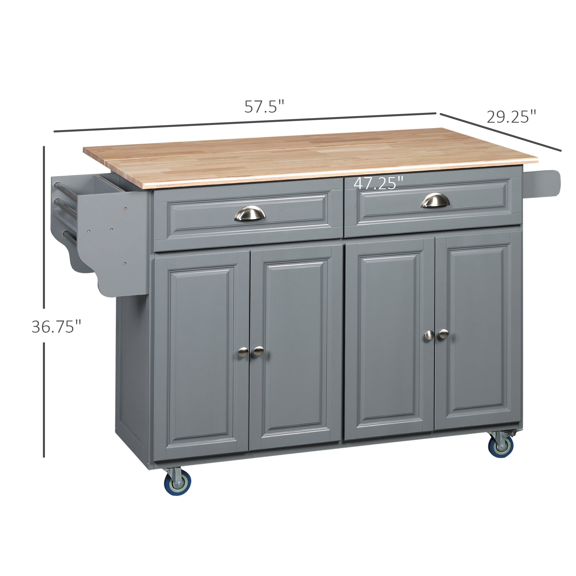 Rolling Kitchen Island Drop Leaf Kitchen Cart on Wheels Solid Wood Top with Storage Drawers Dark Gray