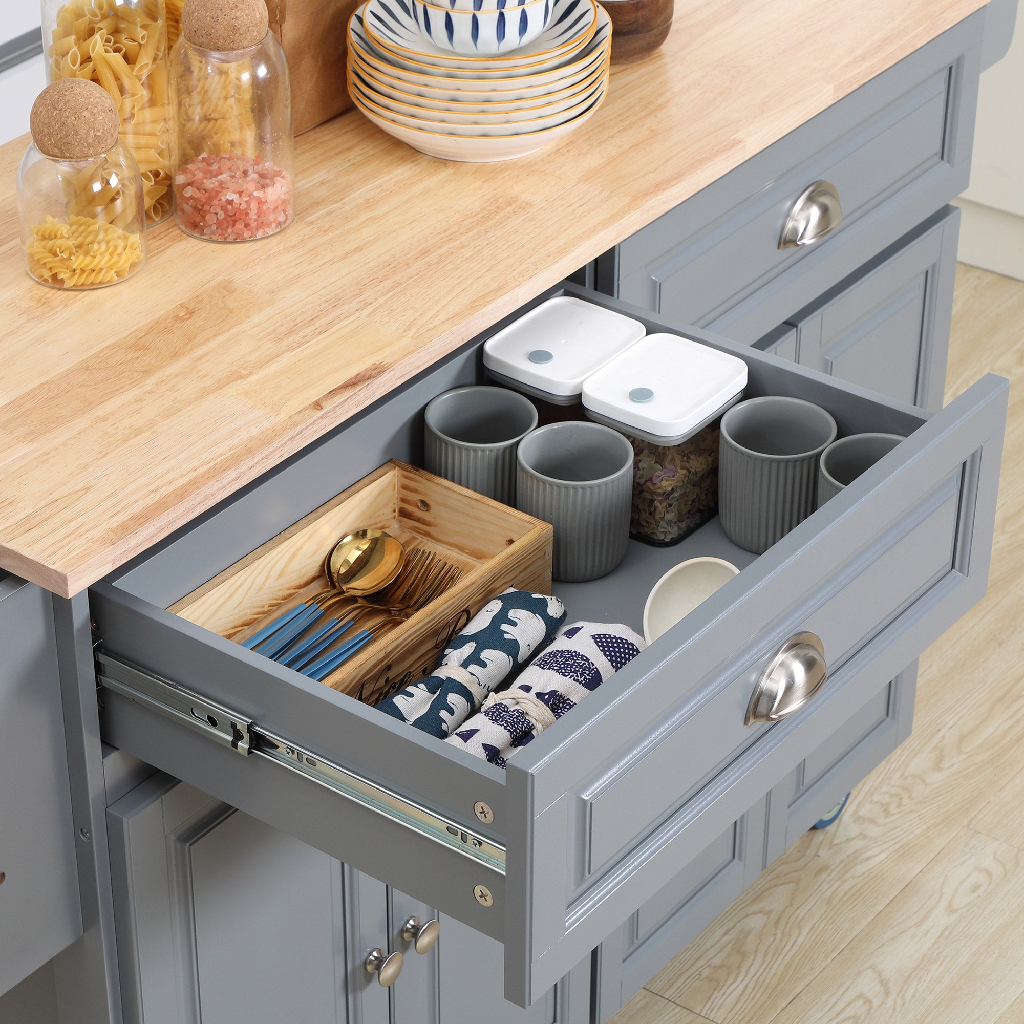 Rolling Kitchen Island Drop Leaf Kitchen Cart on Wheels Solid Wood Top with Storage Drawers Dark Gray