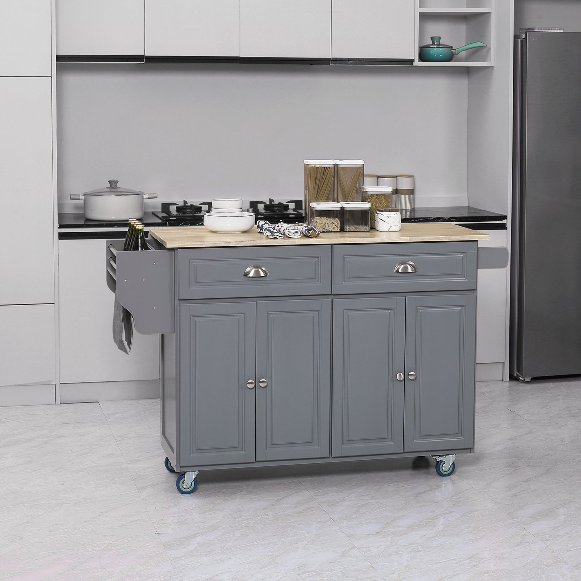 Rolling Kitchen Island Drop Leaf Kitchen Cart on Wheels Solid Wood Top with Storage Drawers Dark Gray