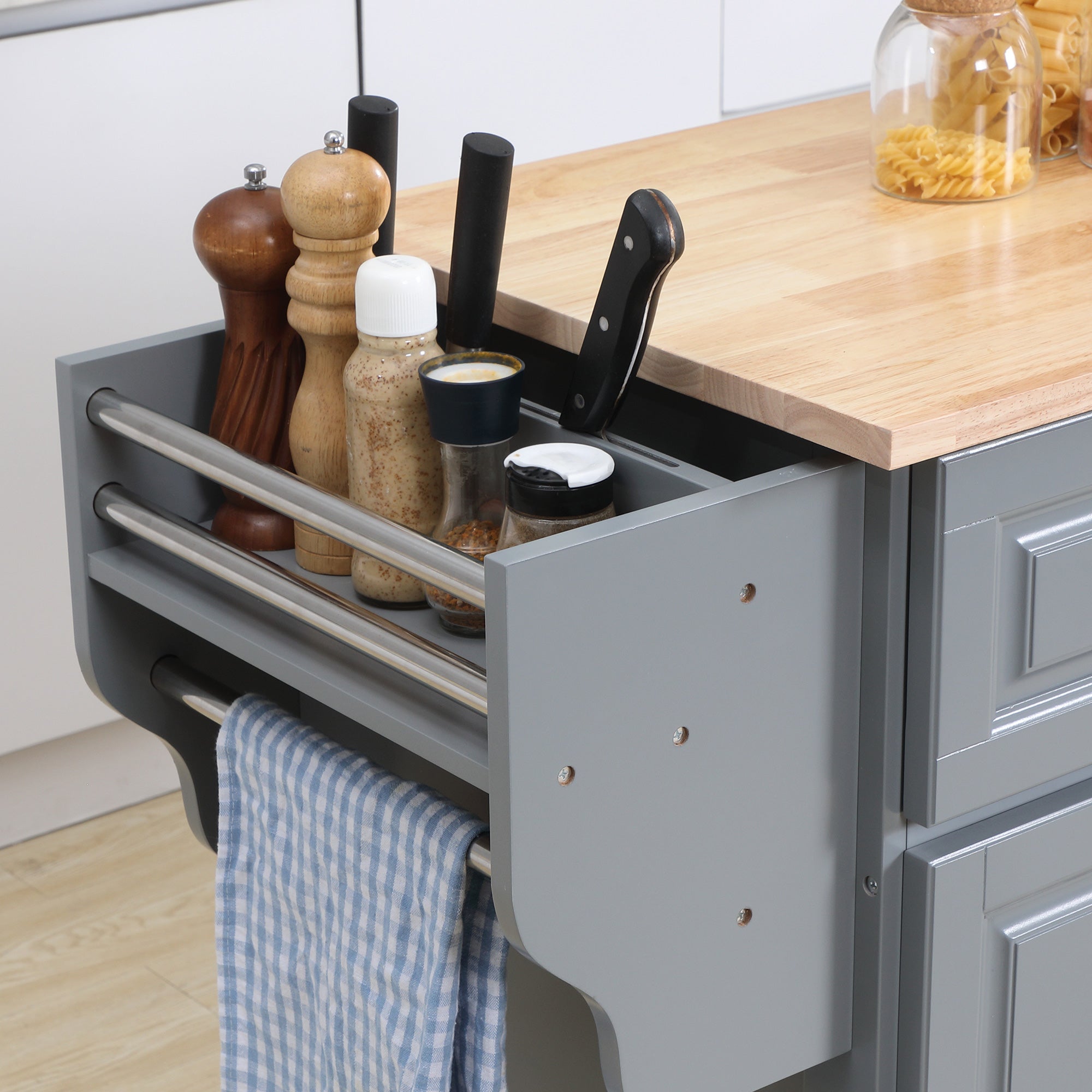 Rolling Kitchen Island Drop Leaf Kitchen Cart on Wheels Solid Wood Top with Storage Drawers Dark Gray