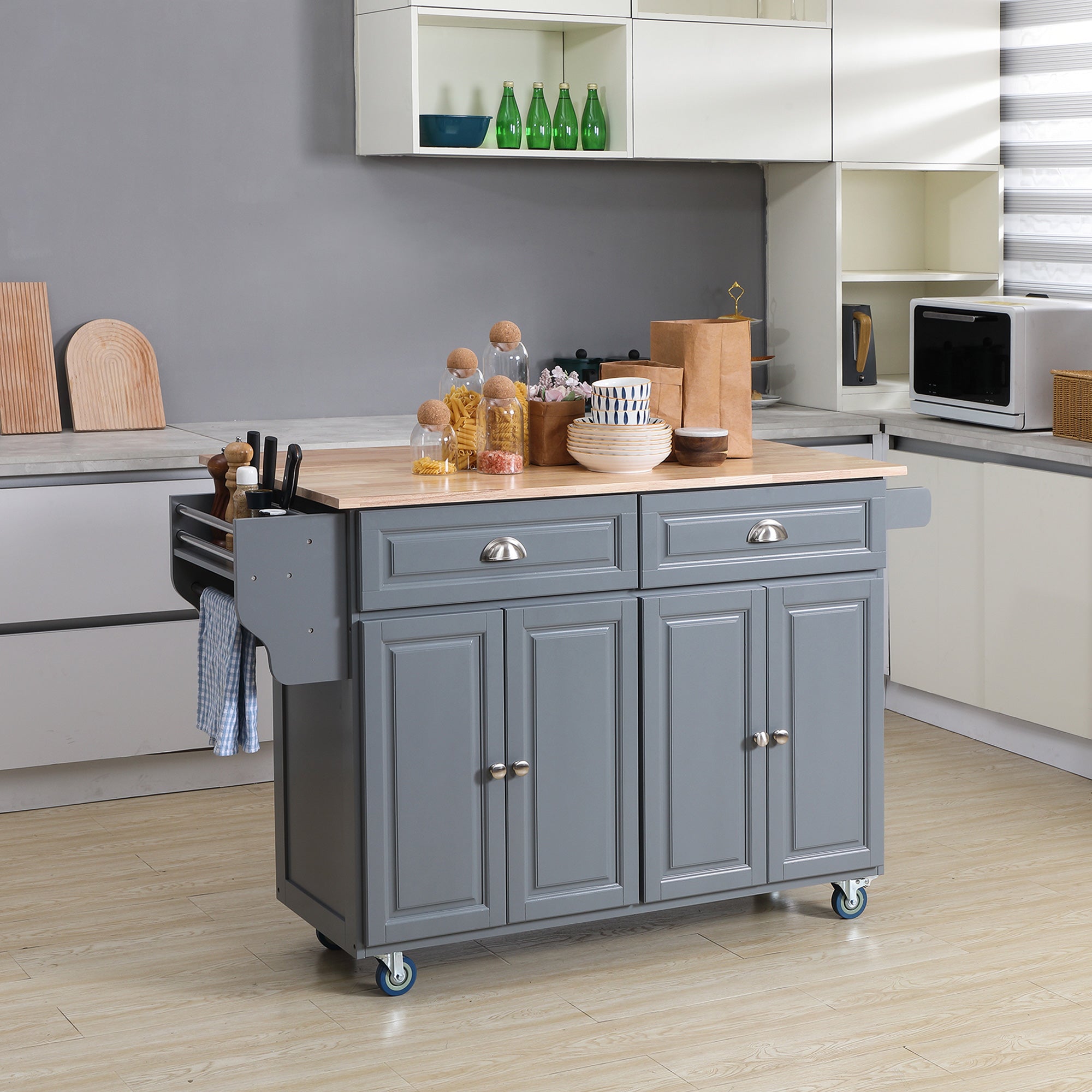 Rolling Kitchen Island Drop Leaf Kitchen Cart on Wheels Solid Wood Top with Storage Drawers Dark Gray