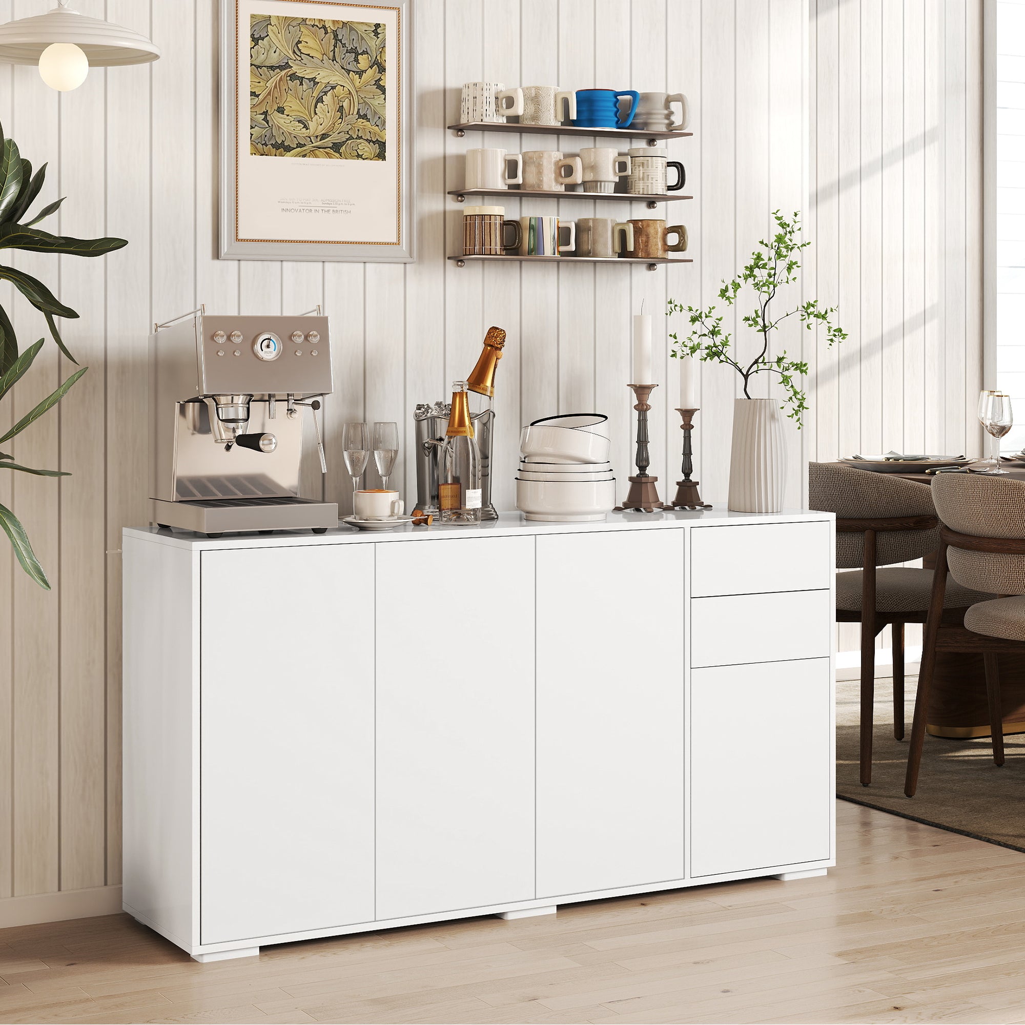 High Gloss Buffet Sideboard with 2 Drawers, 4 Doors and Adjustable Shelf, Kitchen Storage Cabinet with Push Open Design, White