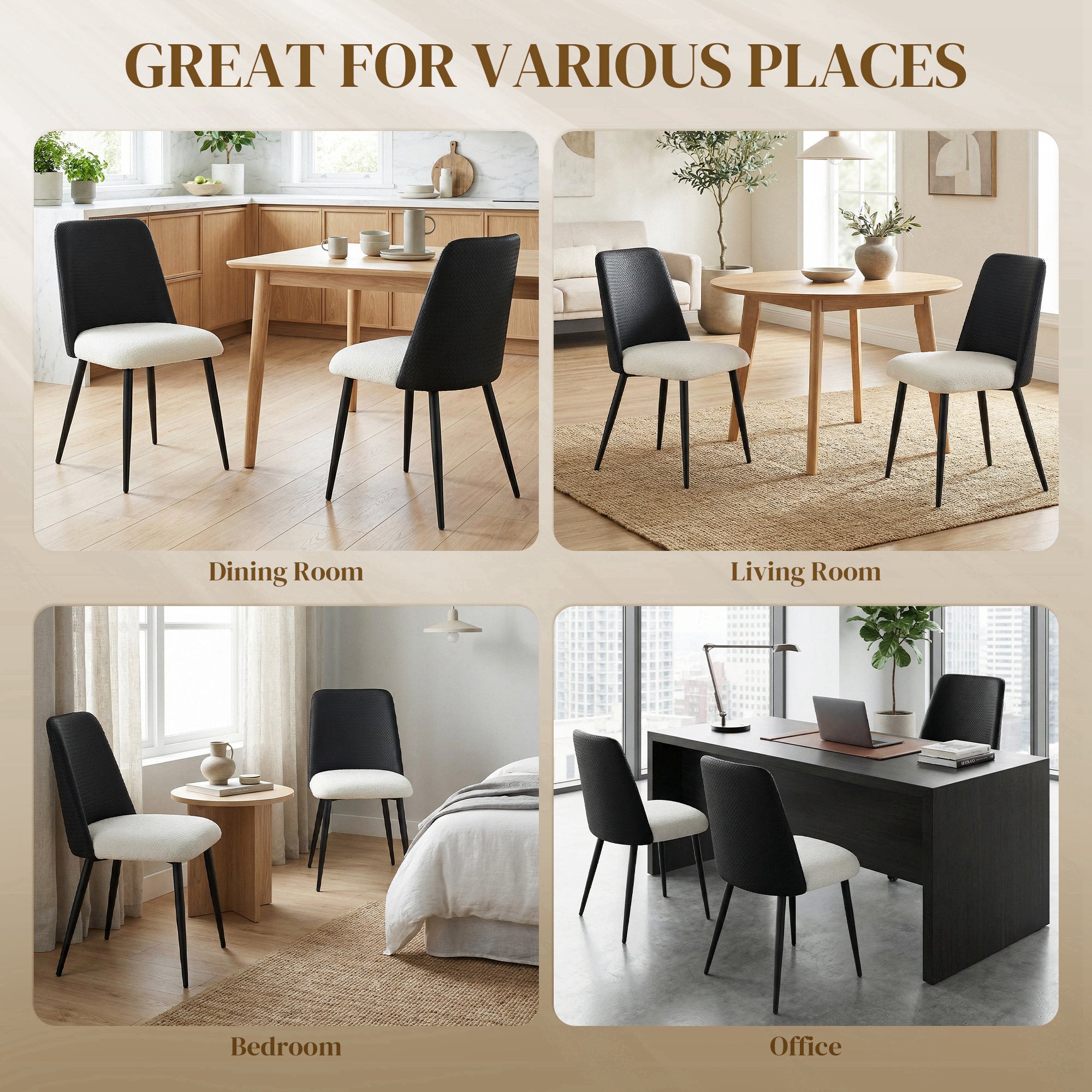 Dining Chairs Set of 2, Upholstered Kitchen Chairs with Padded Seat, Adjustable Foot Pads, Powder-Coated Steel Legs for Dining Room, Kitchen, Black
