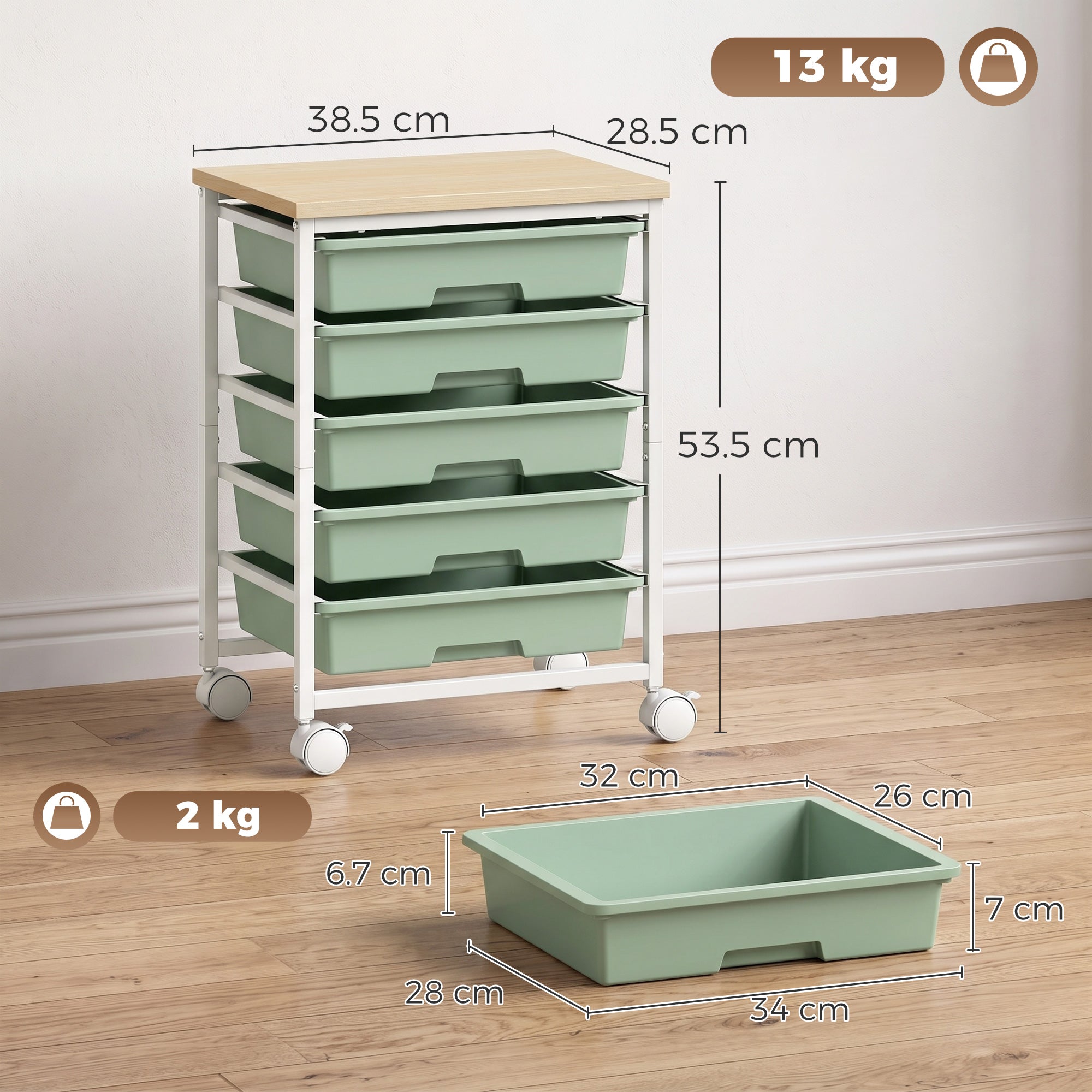 6-Tier Storage Trolley on Wheels, Metal Kitchen Rolling Cart with 5 Pull-Out Drawers, Kitchen Storage Rack for Living Room, Dining Room, Bedroom, Bathroom, Green