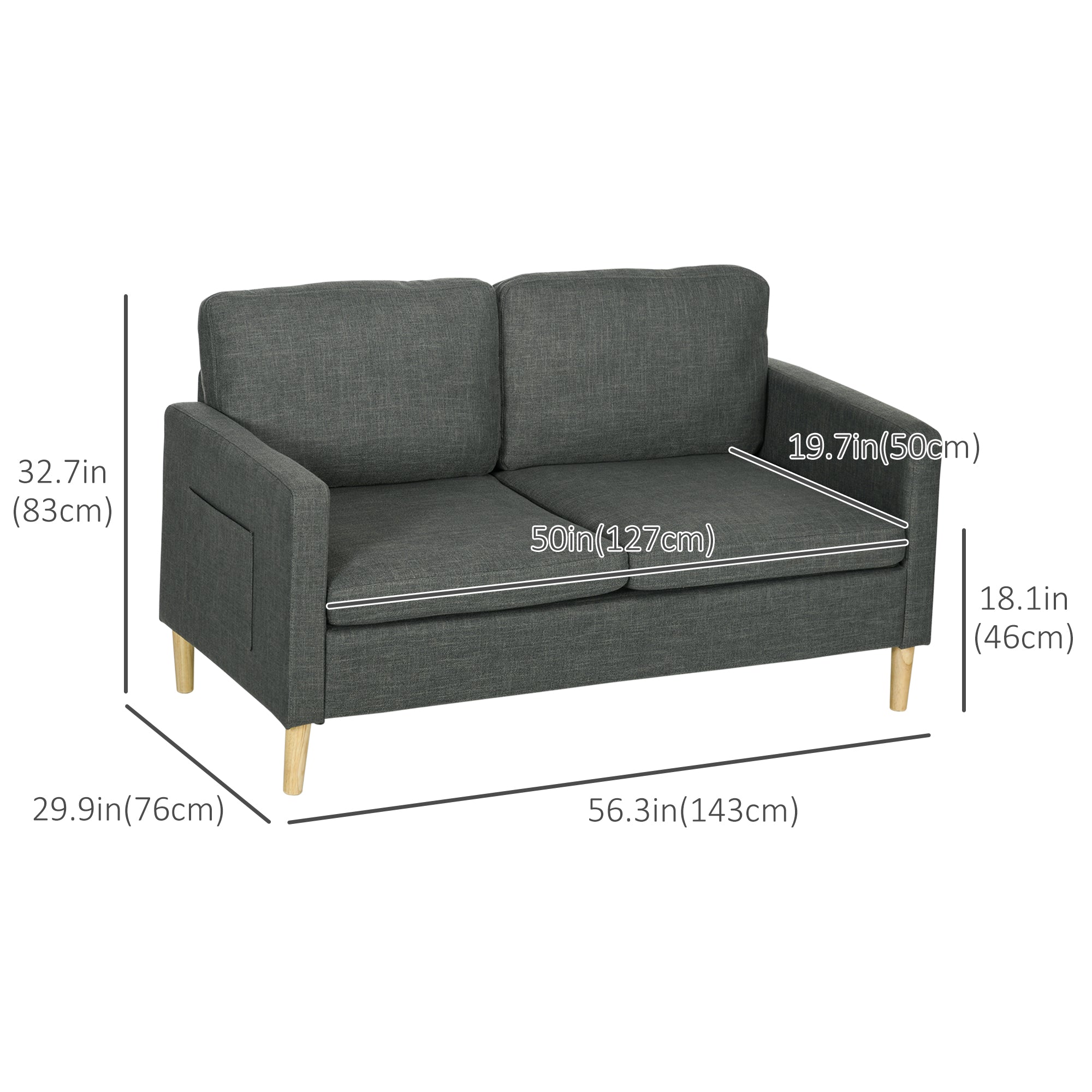 HOMCOM 56" Loveseat Sofa for Bedroom, Modern Love Seats Furniture, Upholstered 2 Seater Couch with Side Pockets, Solid Steel Frame, Grey