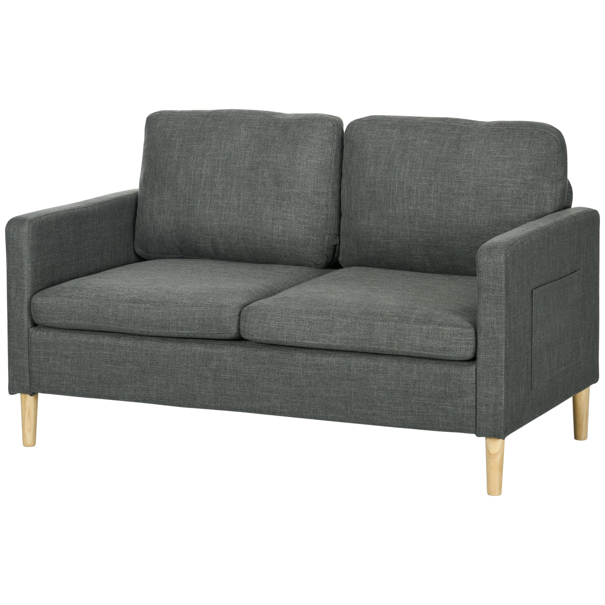 HOMCOM 56" Loveseat Sofa for Bedroom, Modern Love Seats Furniture, Upholstered 2 Seater Couch with Side Pockets, Solid Steel Frame, Grey