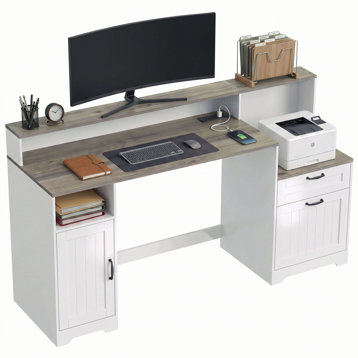 Farmhouse Computer Desk with Drawers, 65" Home Office Desk with Power Outlets, Storage Cabinet, Printer Stand, Monitor Stand, Adjustable Hanging Bar, Grey Brown and White