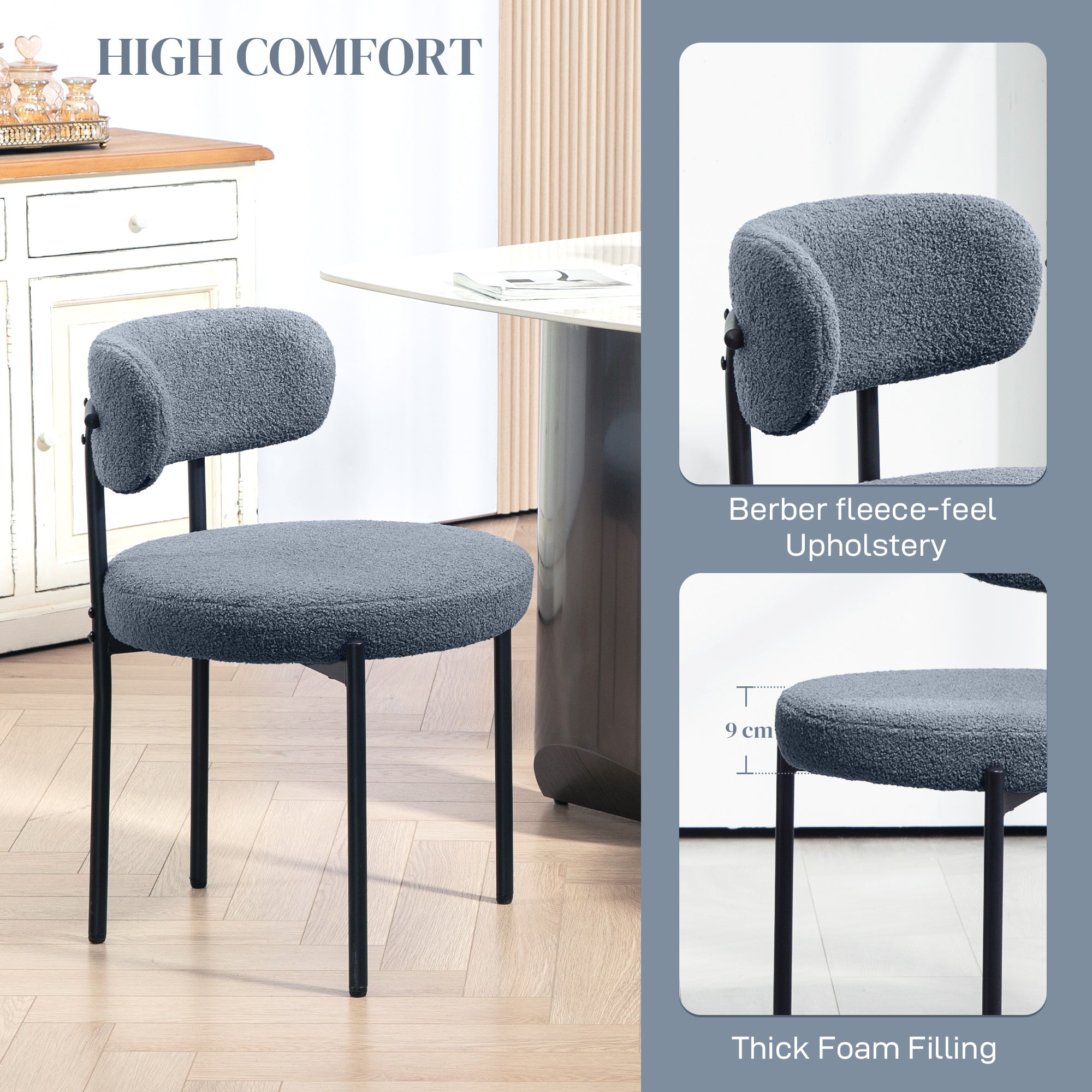 Boucle Dining Chairs Set of 4, Round Modern Upholstered Kitchen Chairs with Curved Backrest, Thick Cushion and Steel Legs for Dining Room, Gray