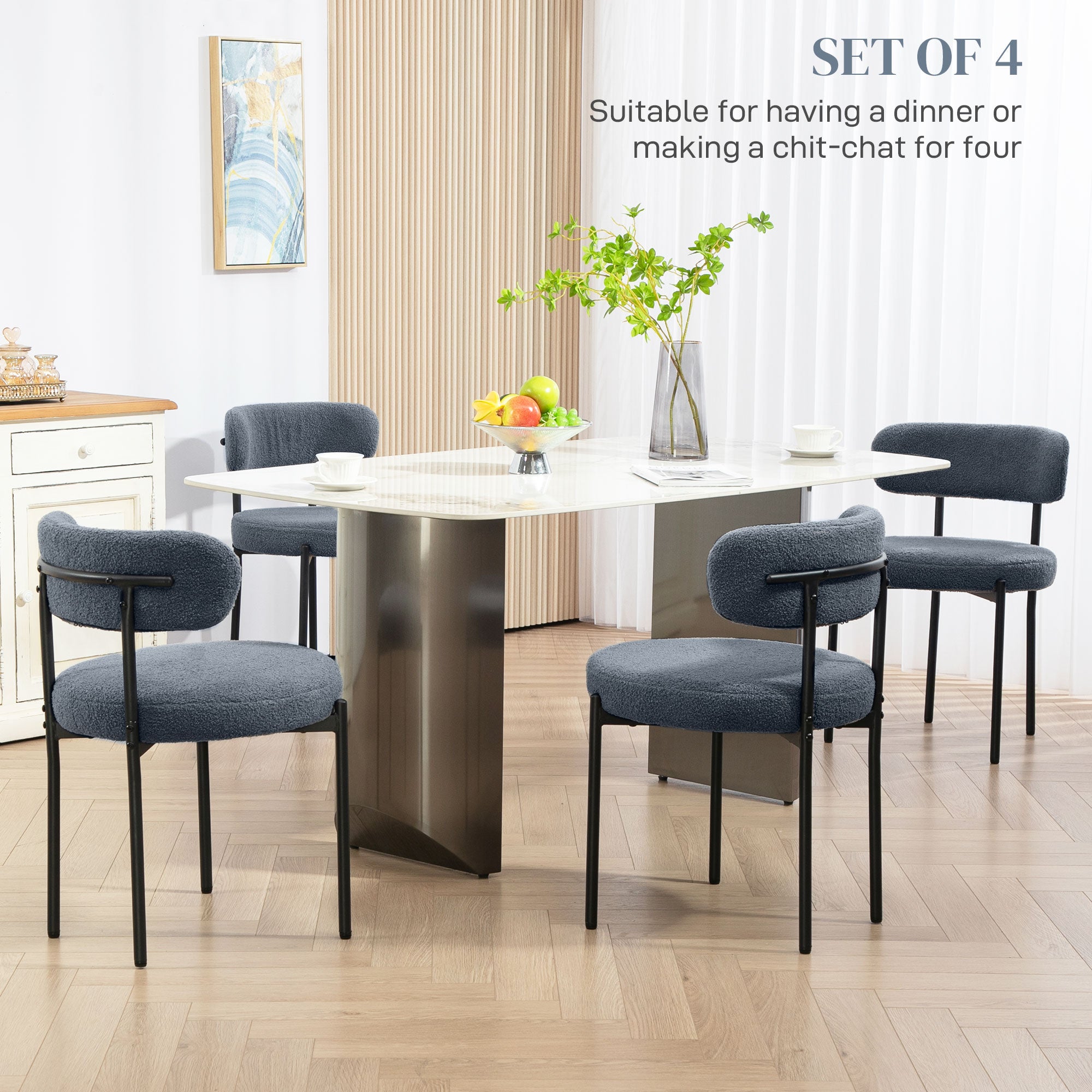 Boucle Dining Chairs Set of 4, Round Modern Upholstered Kitchen Chairs with Curved Backrest, Thick Cushion and Steel Legs for Dining Room, Gray